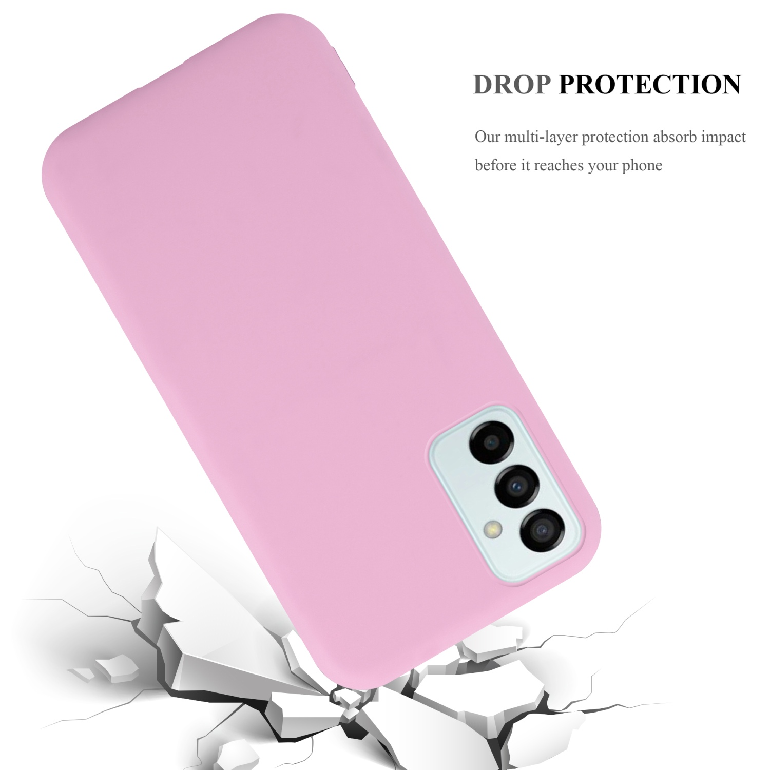 Custodia rosa per telefono, protezione da caduta, con pavimento rotto.