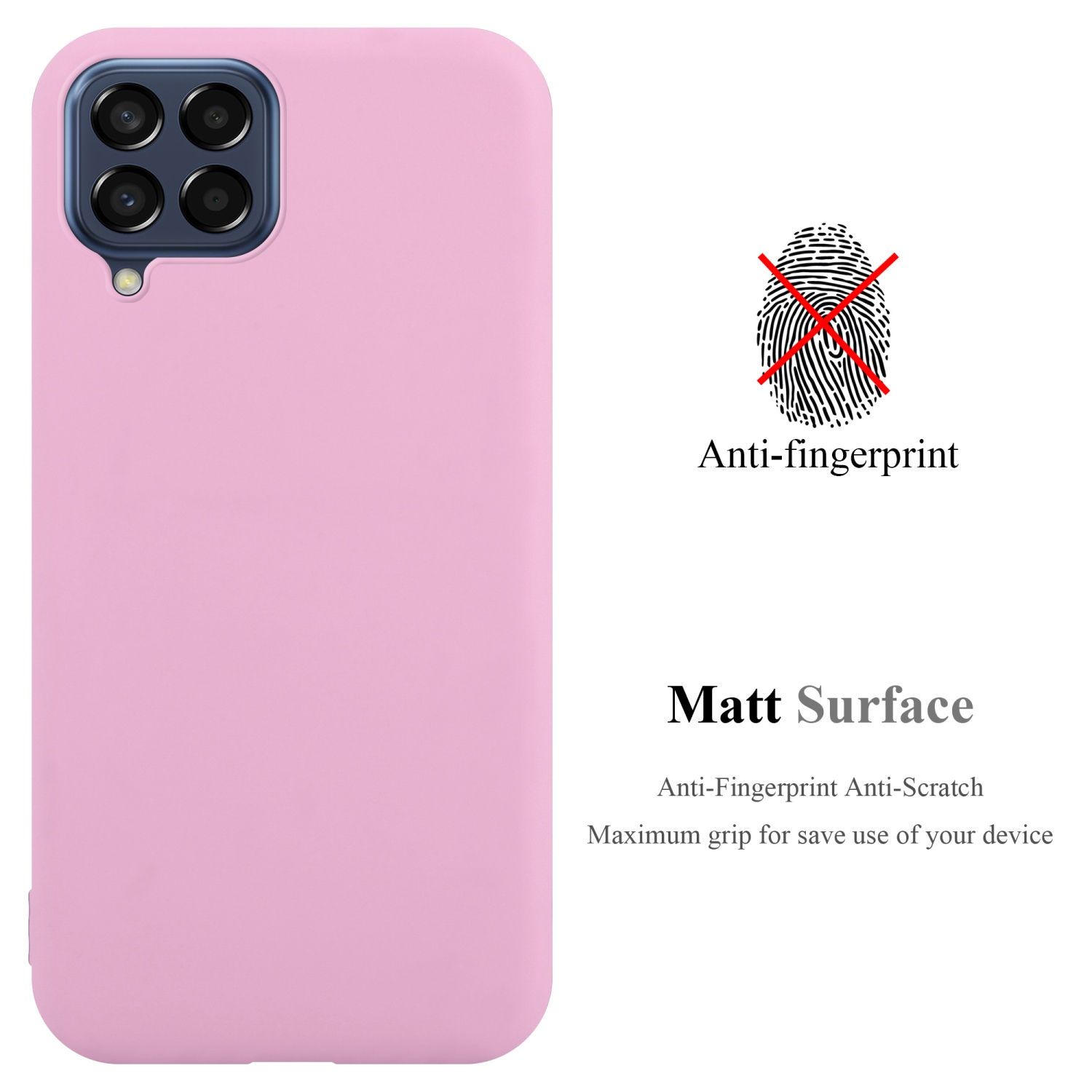 Custodia rosa per telefono con caratteristiche anti-impronta e superficie opaca. Testo: anti-impronta e presa.