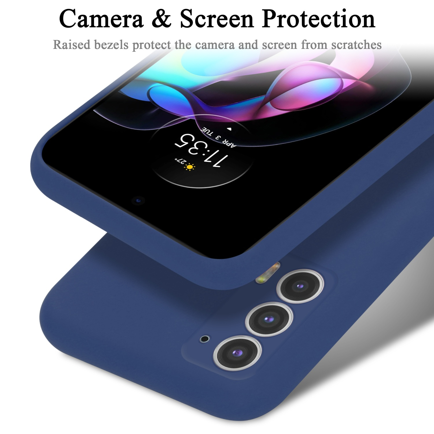 Custodia per telefono blu con telefono all'interno. Il telefono mostra l'ora ed è inclinato verso la fotocamera.
