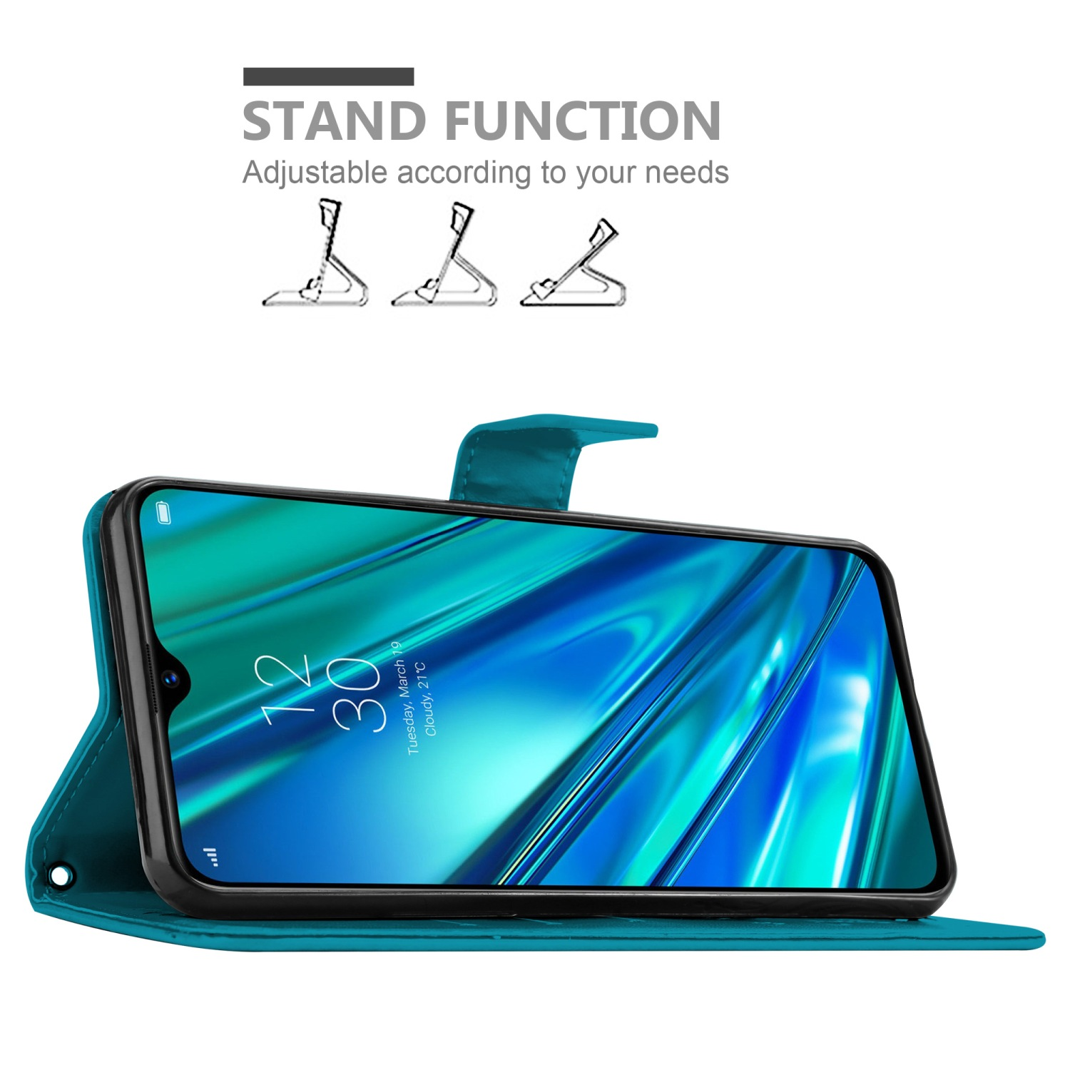 Custodia per telefono verde acqua, aperta, con telefono dentro. Schermo visibile. Funzione supporto con diagrammi.
