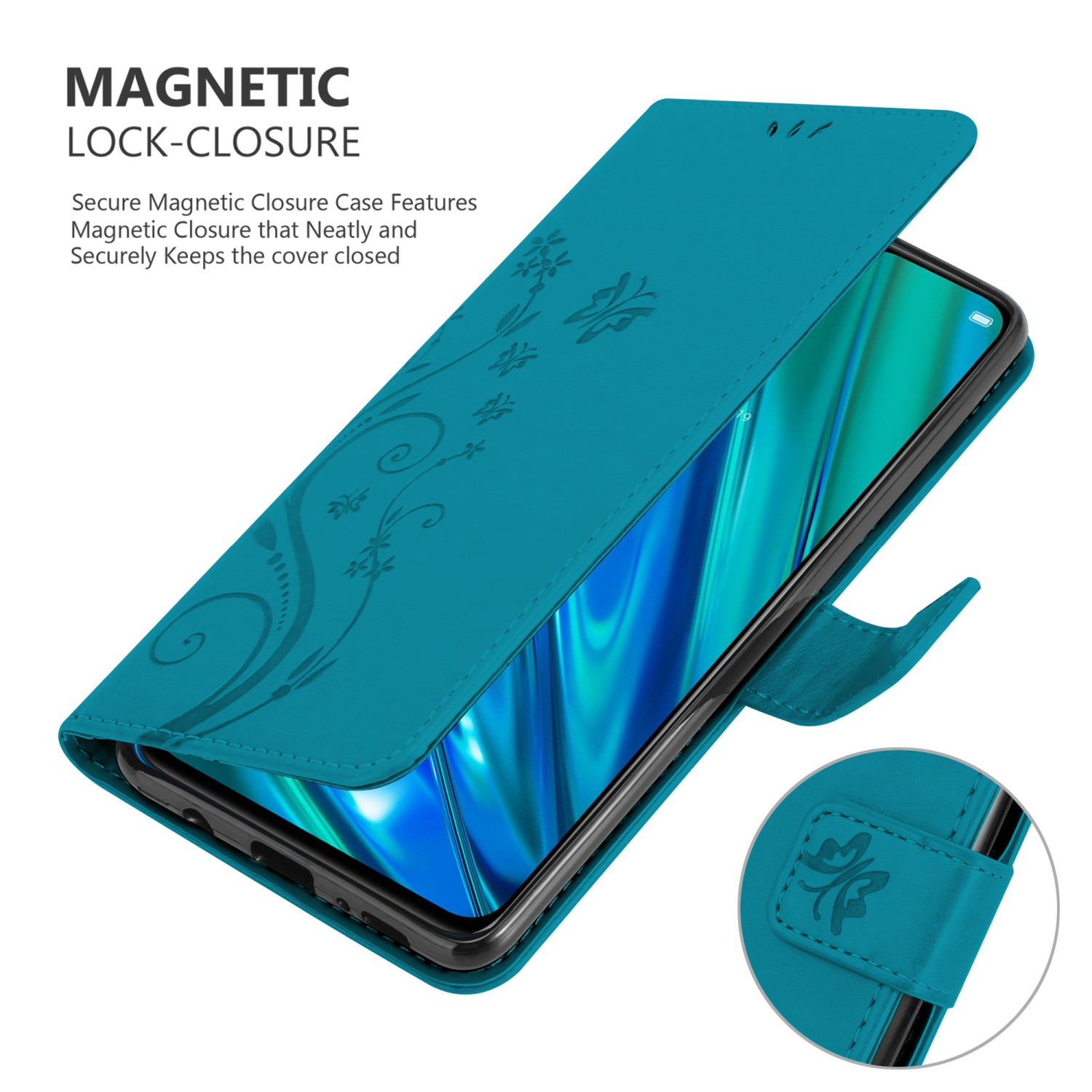 Custodia per telefono verde acqua aperta, che mostra il telefono. Testo: 'Magnetic Lock-Closure'.