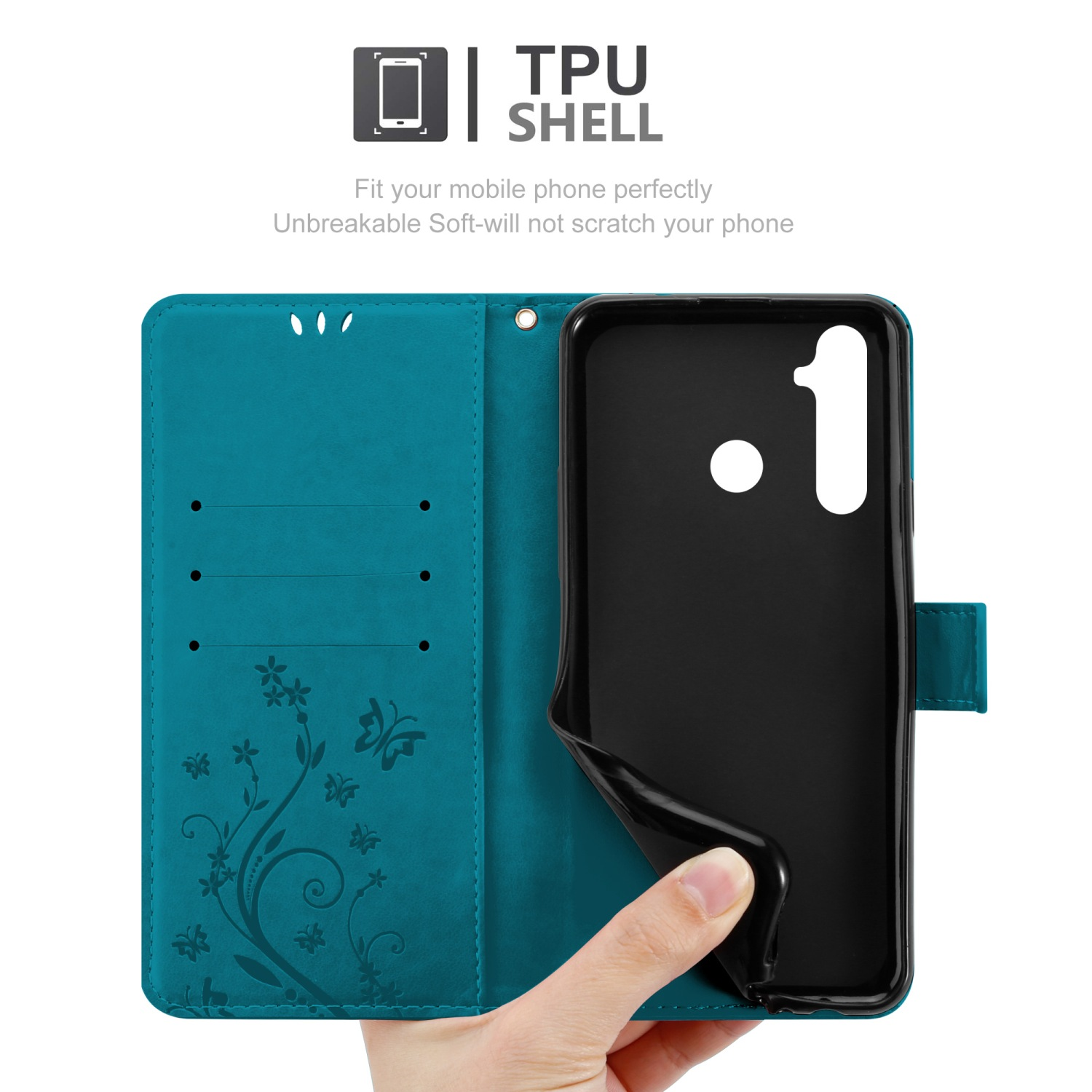 Custodia per telefono verde acqua, aperta per mostrare un telefono nero e il design interno.