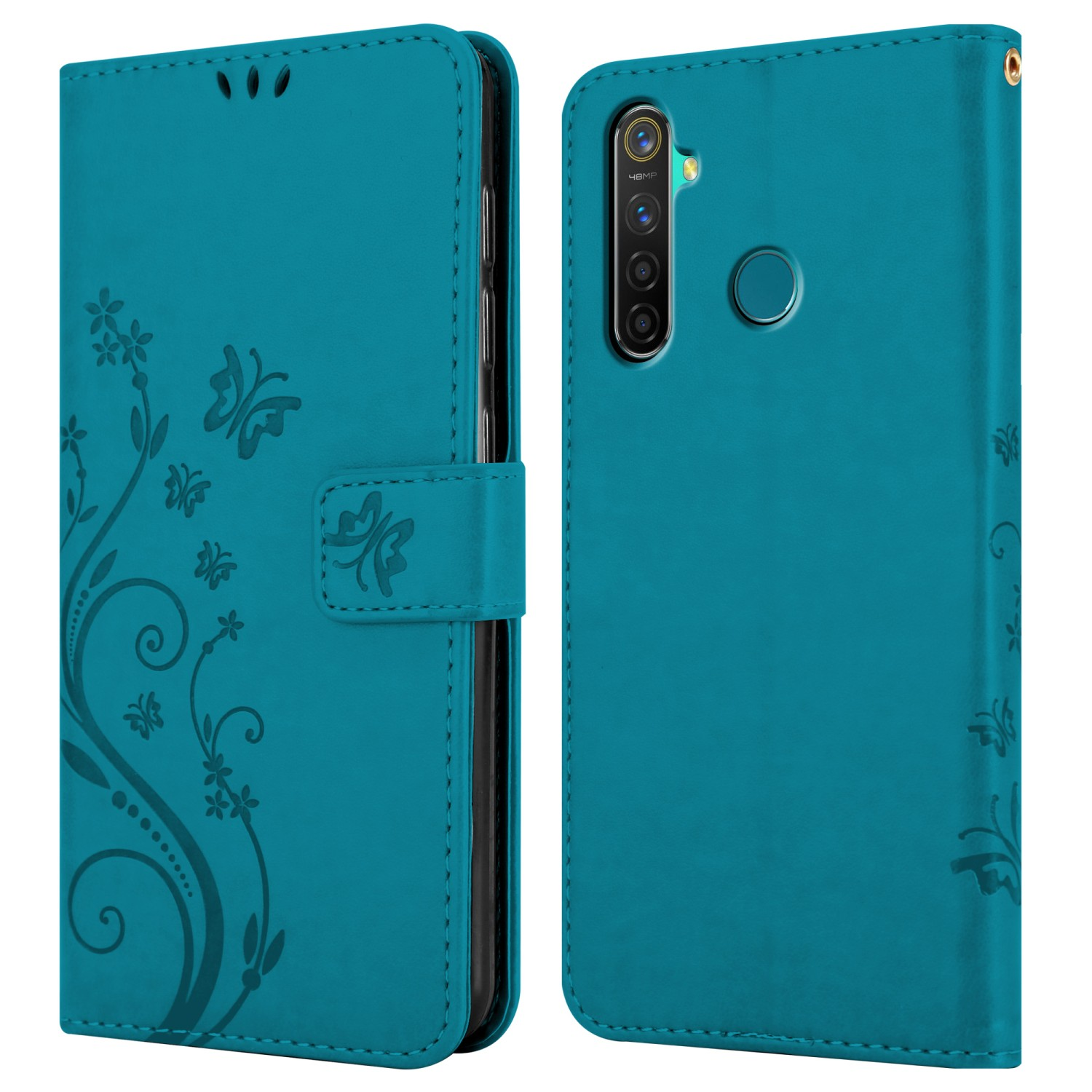 Custodia per telefono verde acqua, chiusa. La custodia ha un design floreale e una chiusura magnetica. Il retro del telefono è visibile.