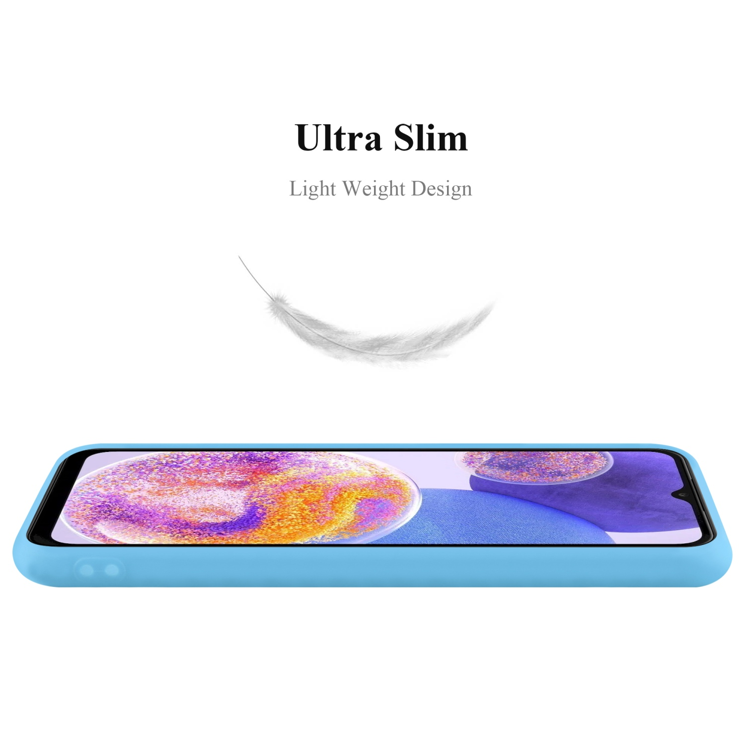 Custodia blu per telefono con piuma, testo Ultra Slim.
