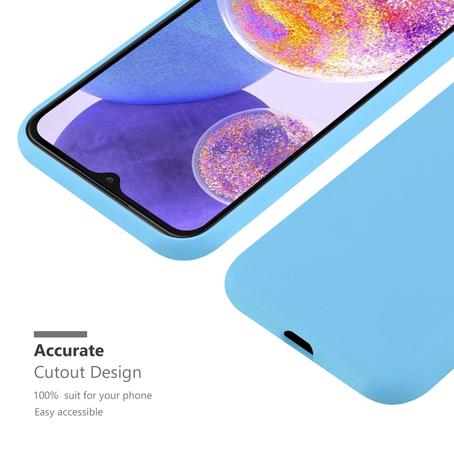 Custodia per telefono azzurra, mostra il telefono con un design ritagliato. Vista ravvicinata. La custodia è azzurra.