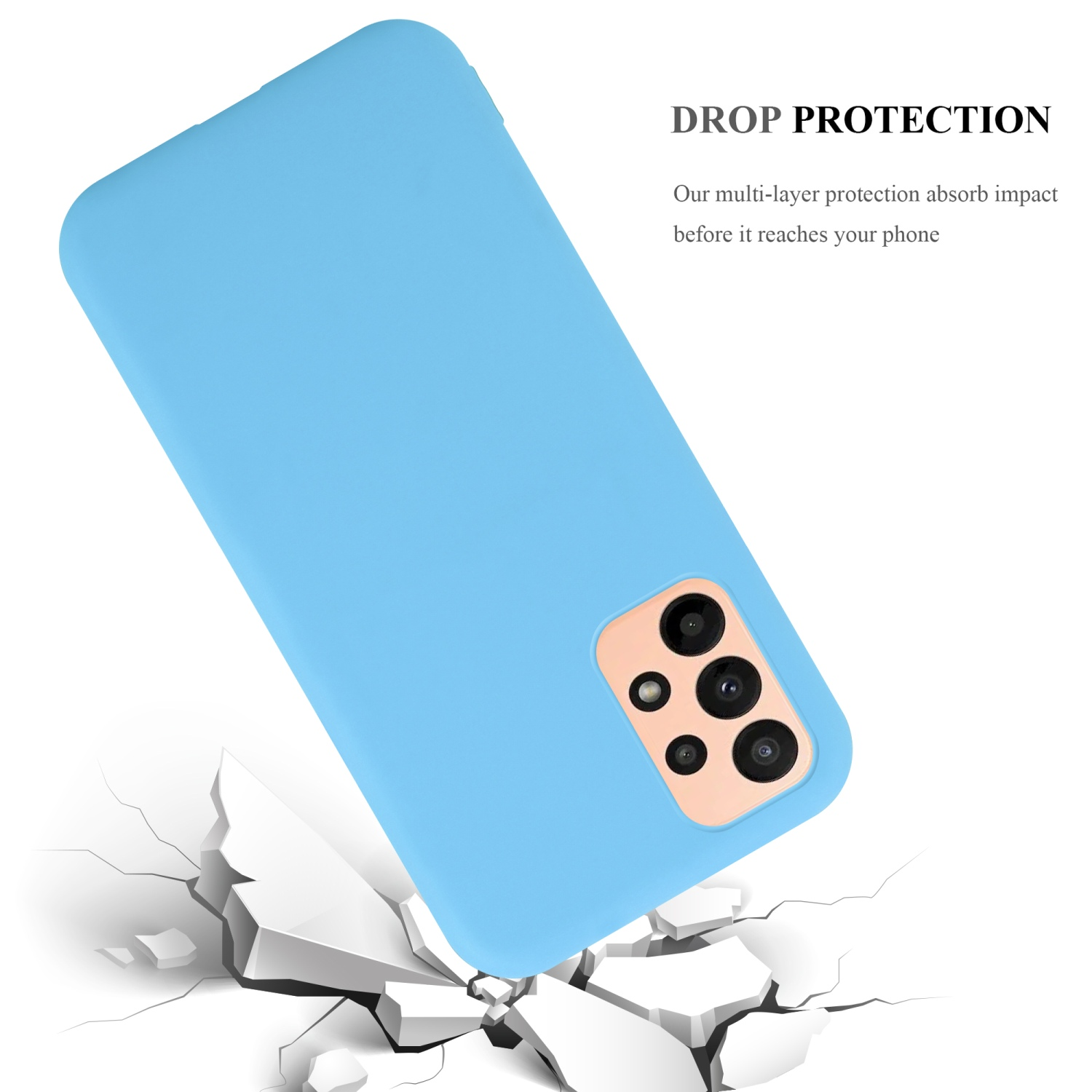 Custodia per telefono blu con superficie incrinata sottostante. Illustra la funzione di protezione dalle cadute della custodia.
