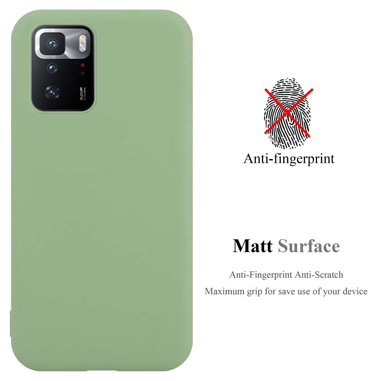 Custodia verde per telefono con un telefono all'interno. La custodia ha una superficie opaca, indicata da un'etichetta anti-impronta.