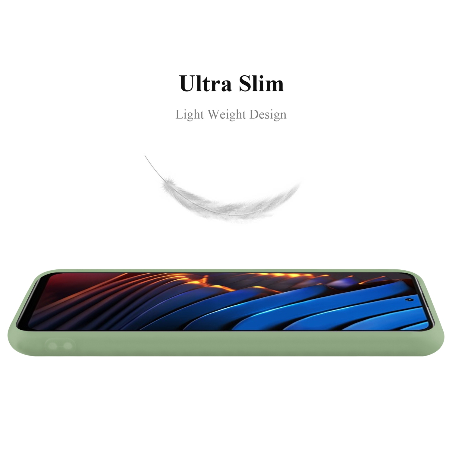 Custodia per telefono verde, vista laterale, con una piuma bianca che fluttua sopra.