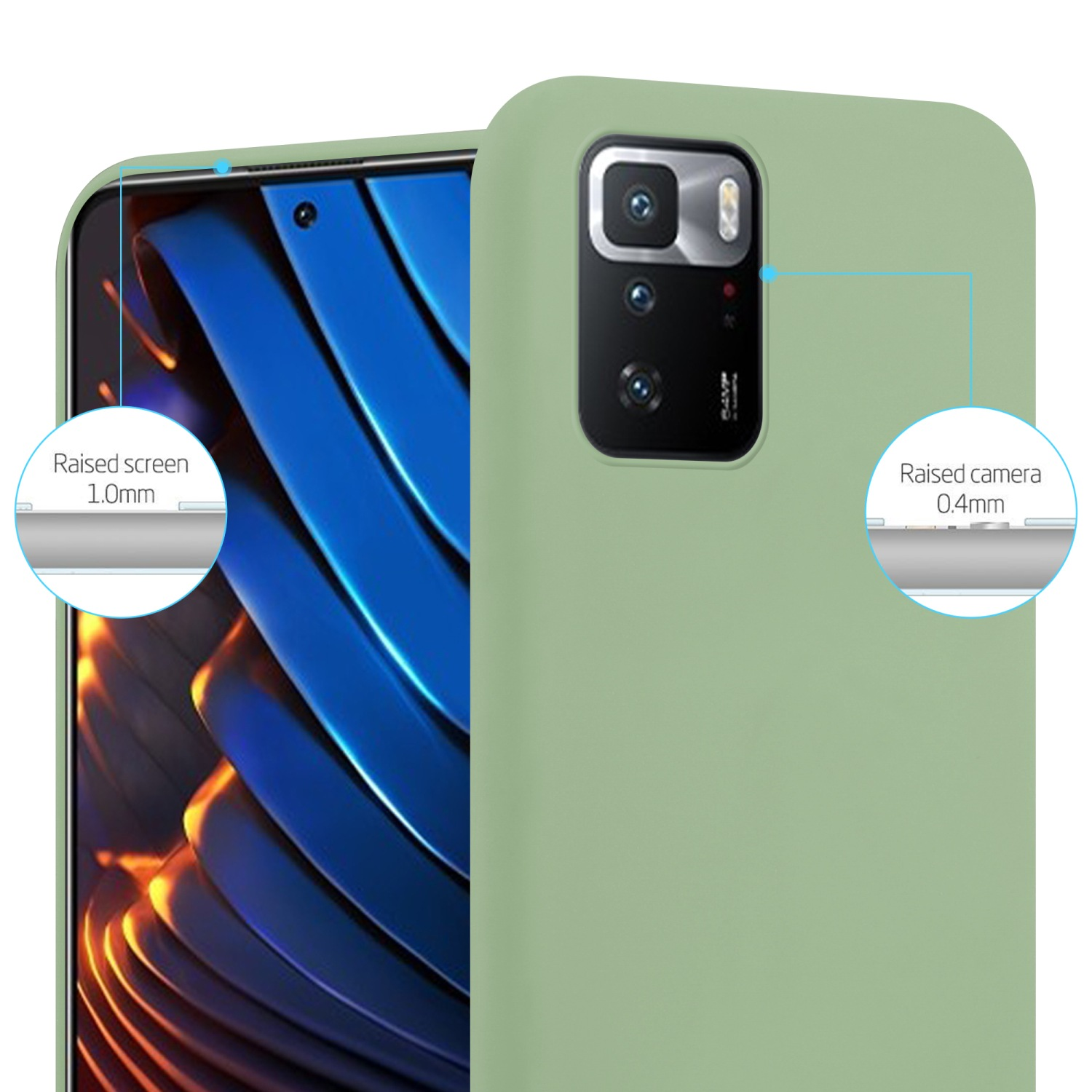 Custodia per telefono verde con un telefono all'interno. Lo schermo e la fotocamera rialzati sono mostrati nel diagramma.