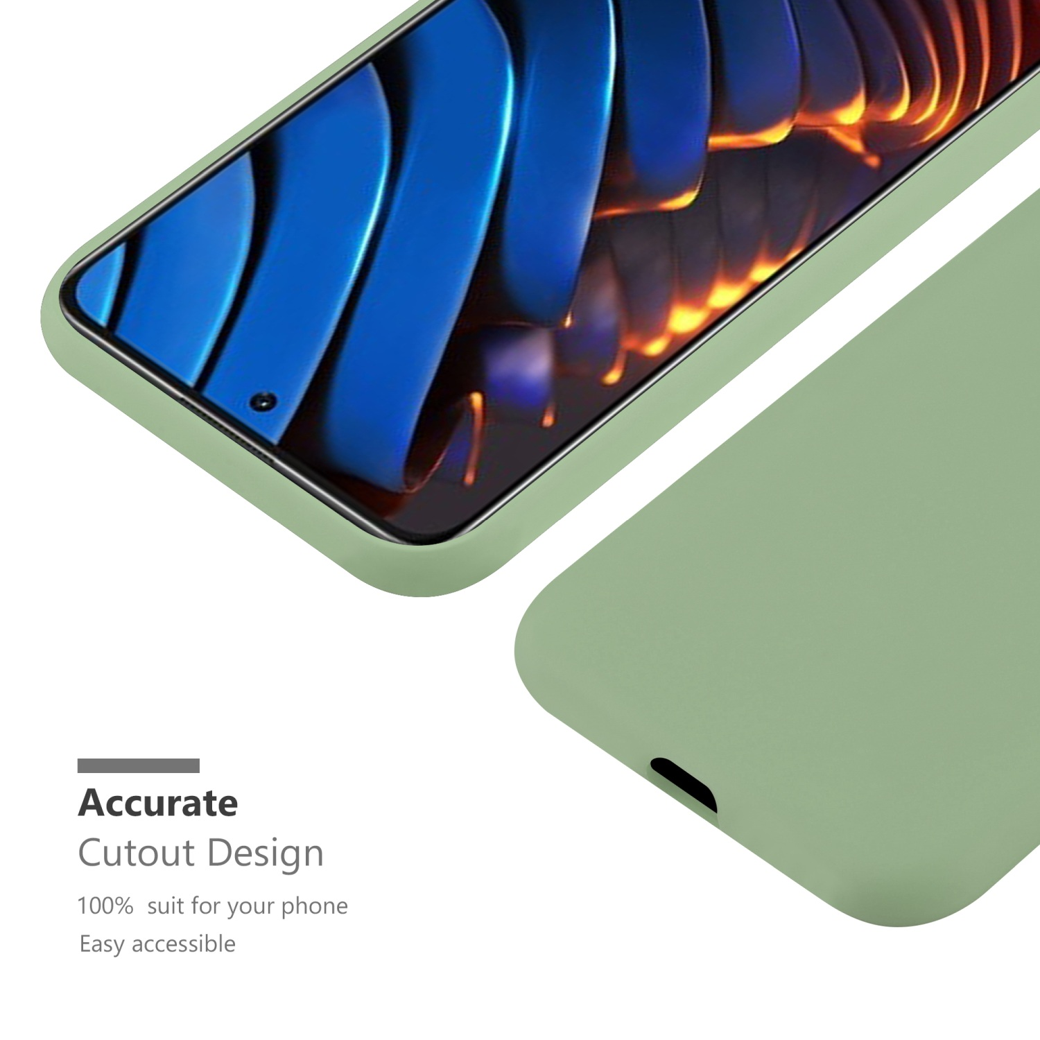Custodia verde per telefono con un telefono all'interno, che mostra lo schermo. Testo: Design preciso.