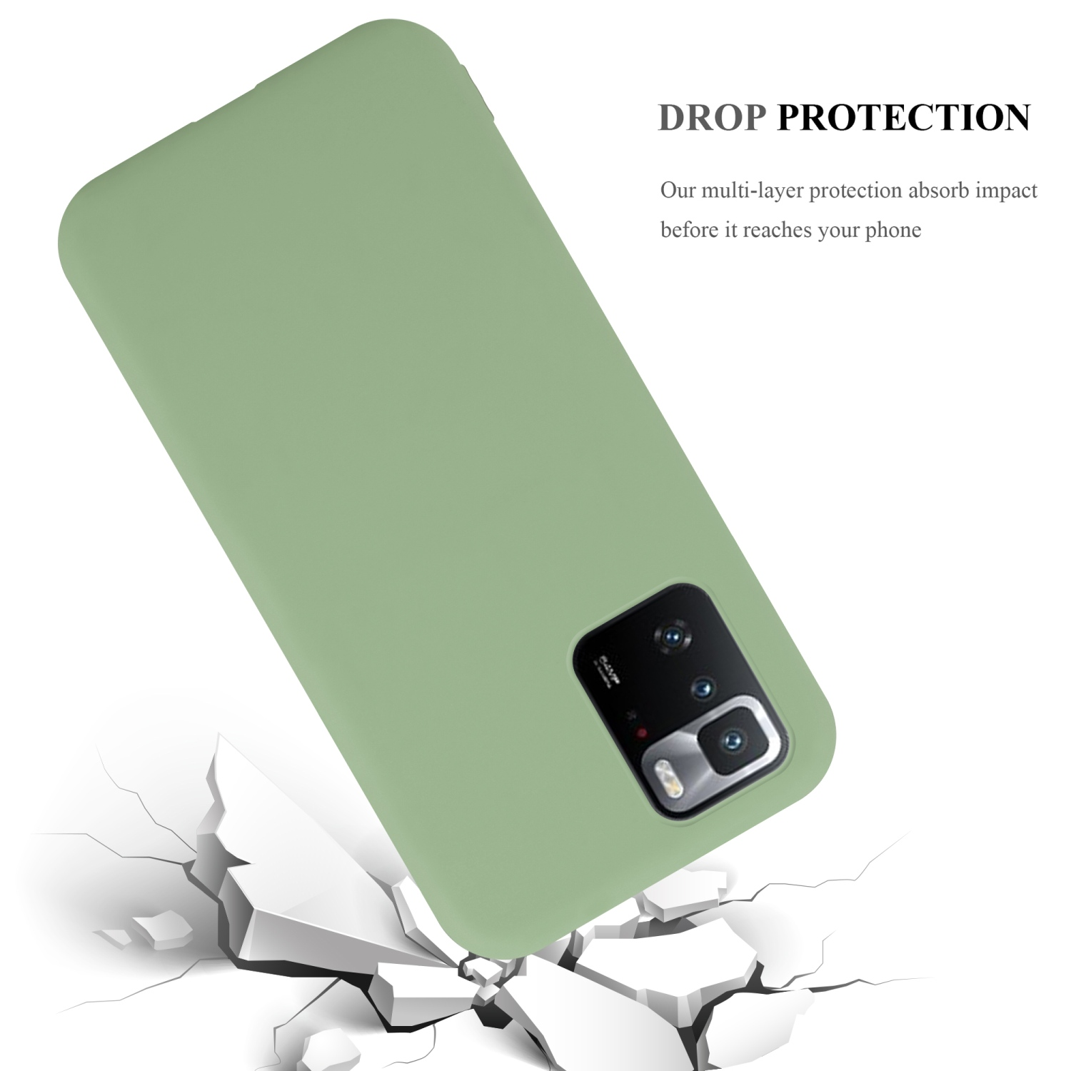 Custodia verde angolata su superficie crepata, con obiettivi della fotocamera visibili.