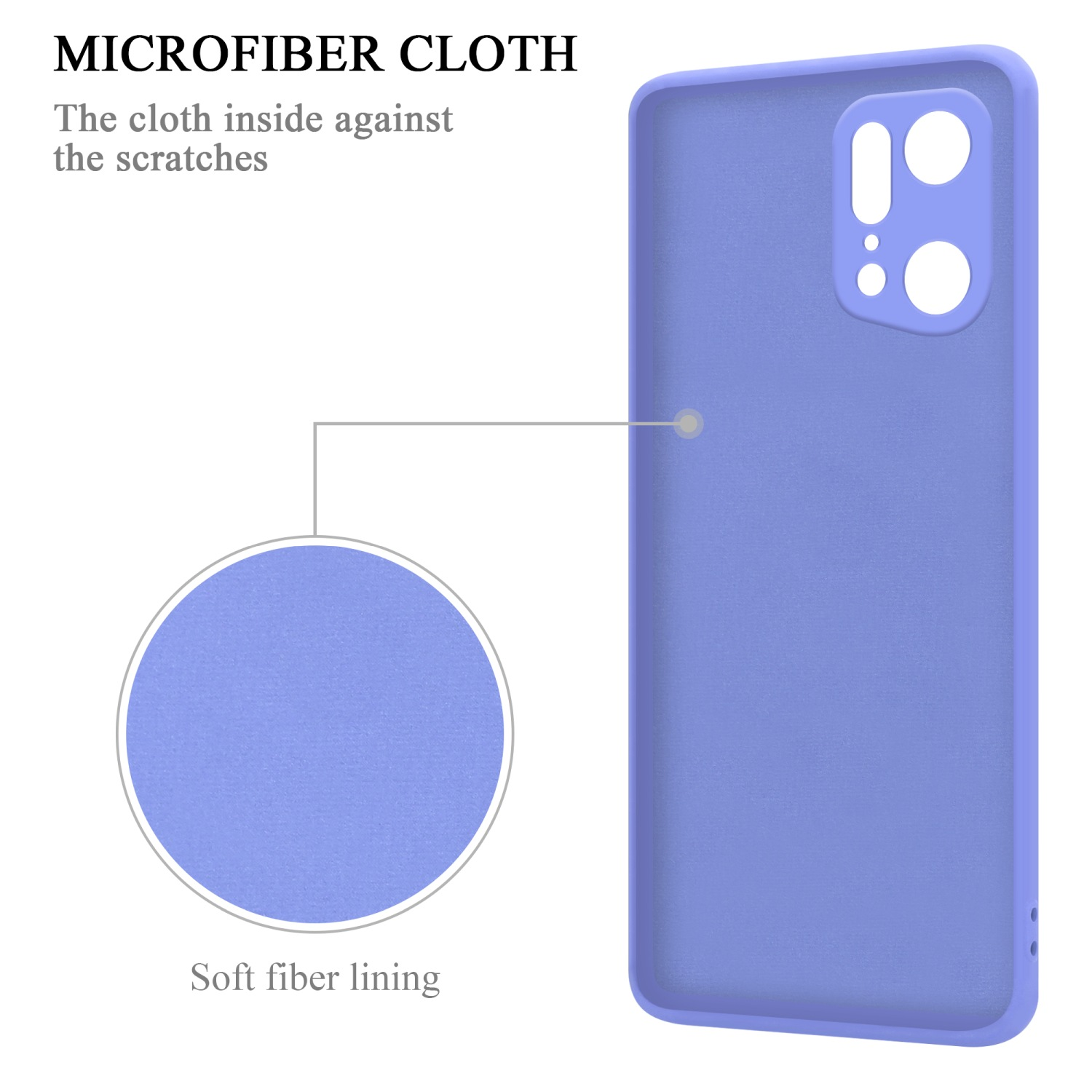 Custodia per telefono blu con testo 'MICROFIBER CLOTH'. Il cerchio mostra la morbida fodera in fibra all'interno della custodia.