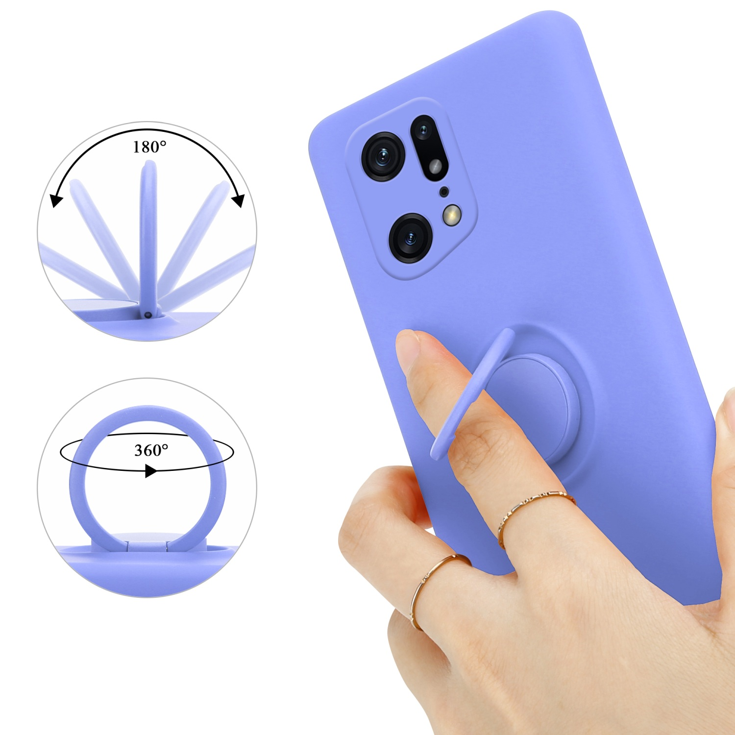 Una mano che tiene una custodia per telefono color lavanda con supporto ad anello e diagrammi che mostrano la rotazione dell'anello.