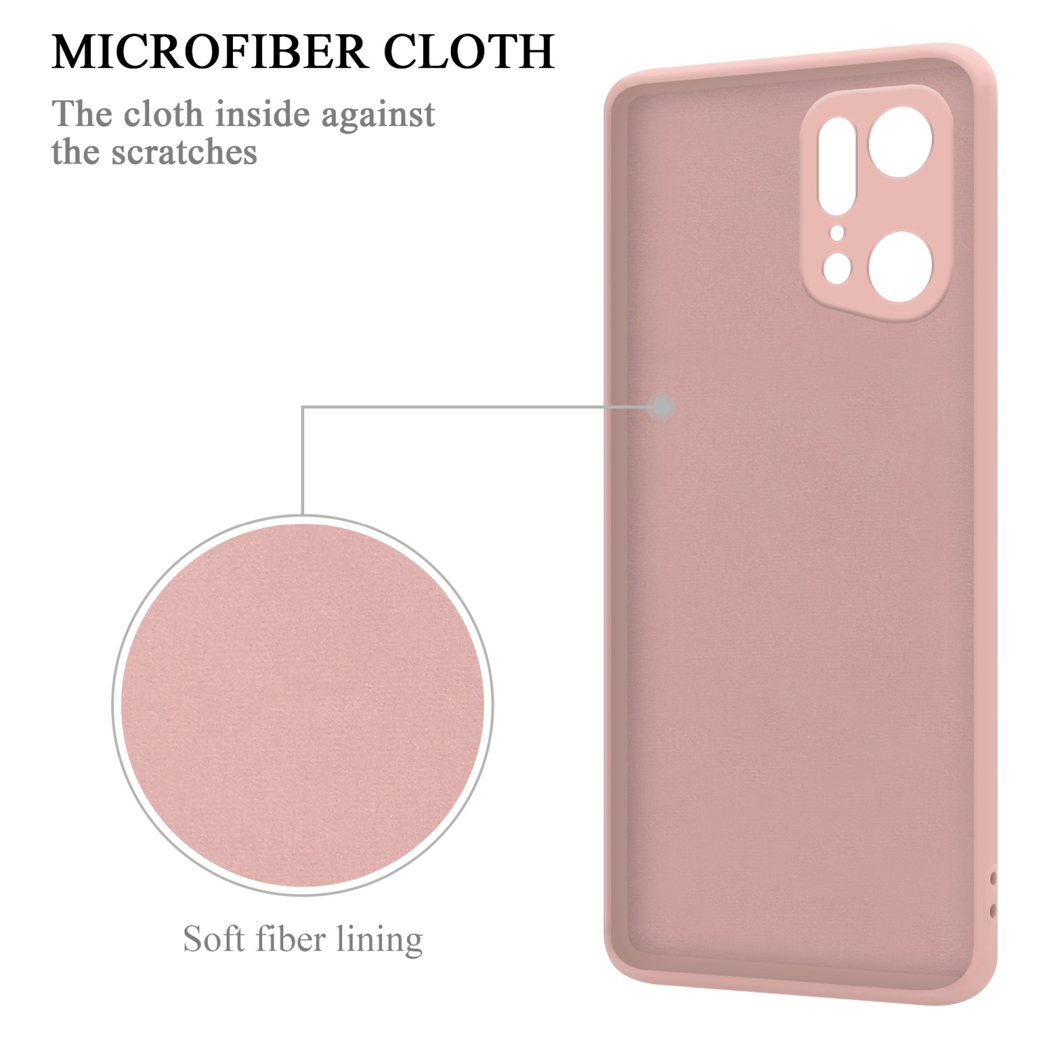 Interno della custodia rosa per telefono, con fodera in tessuto in microfibra. Testo: Fodera in fibra morbida, panno in microfibra.