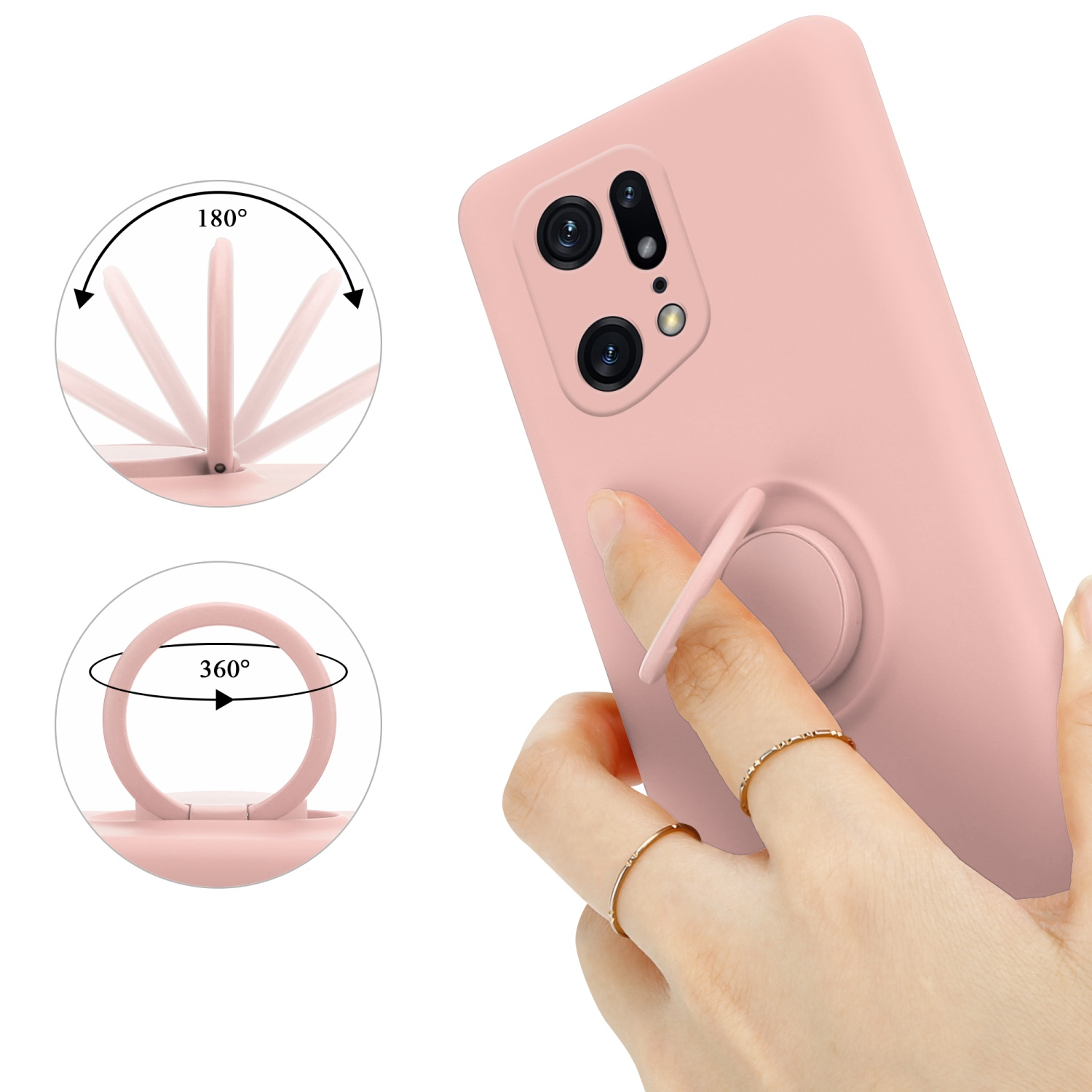 Custodia rosa per telefono con supporto ad anello. Mano che tiene il telefono. Diagrammi mostrano movimento ad anello 180 e 360 gradi.