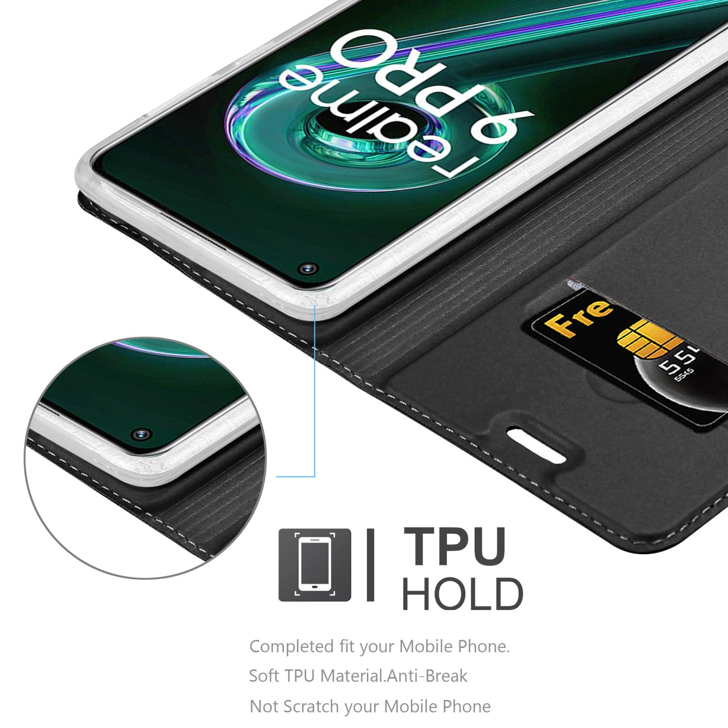 Custodia per telefono aperta, telefono all'interno. Testo: Supporto TPU. Telefono con scheda.