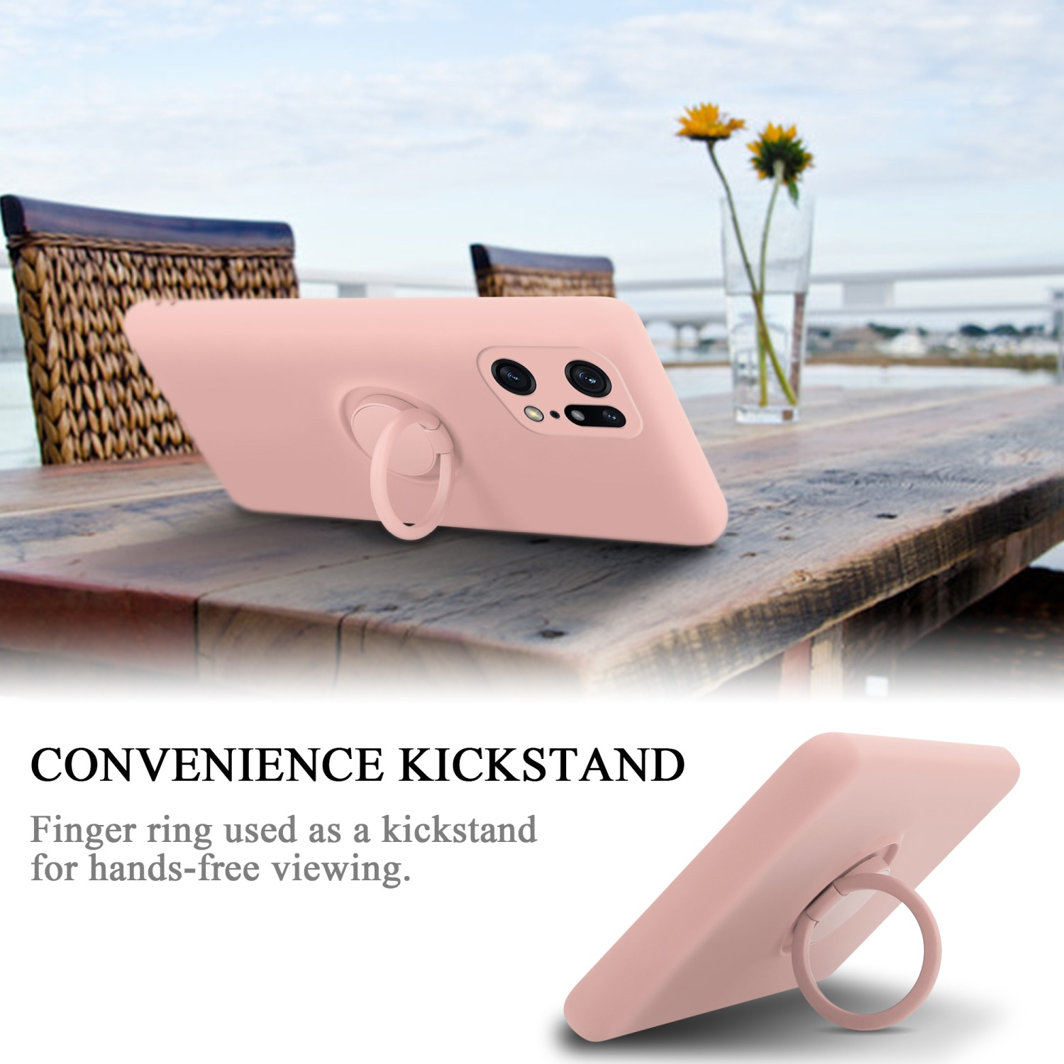 Custodia per telefono rosa con anello di supporto su un tavolo. Fiori sullo sfondo.