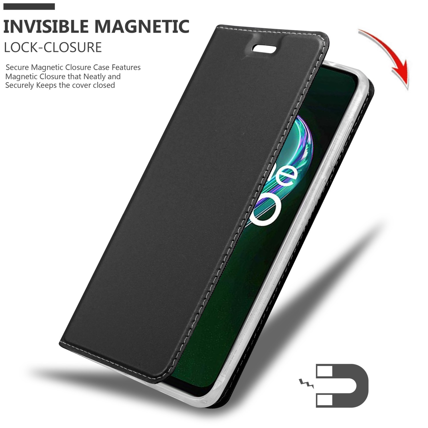 Custodia per telefono nera con coperchio aperto. Una freccia rossa indica una chiusura magnetica. Simbolo magnetico in basso.