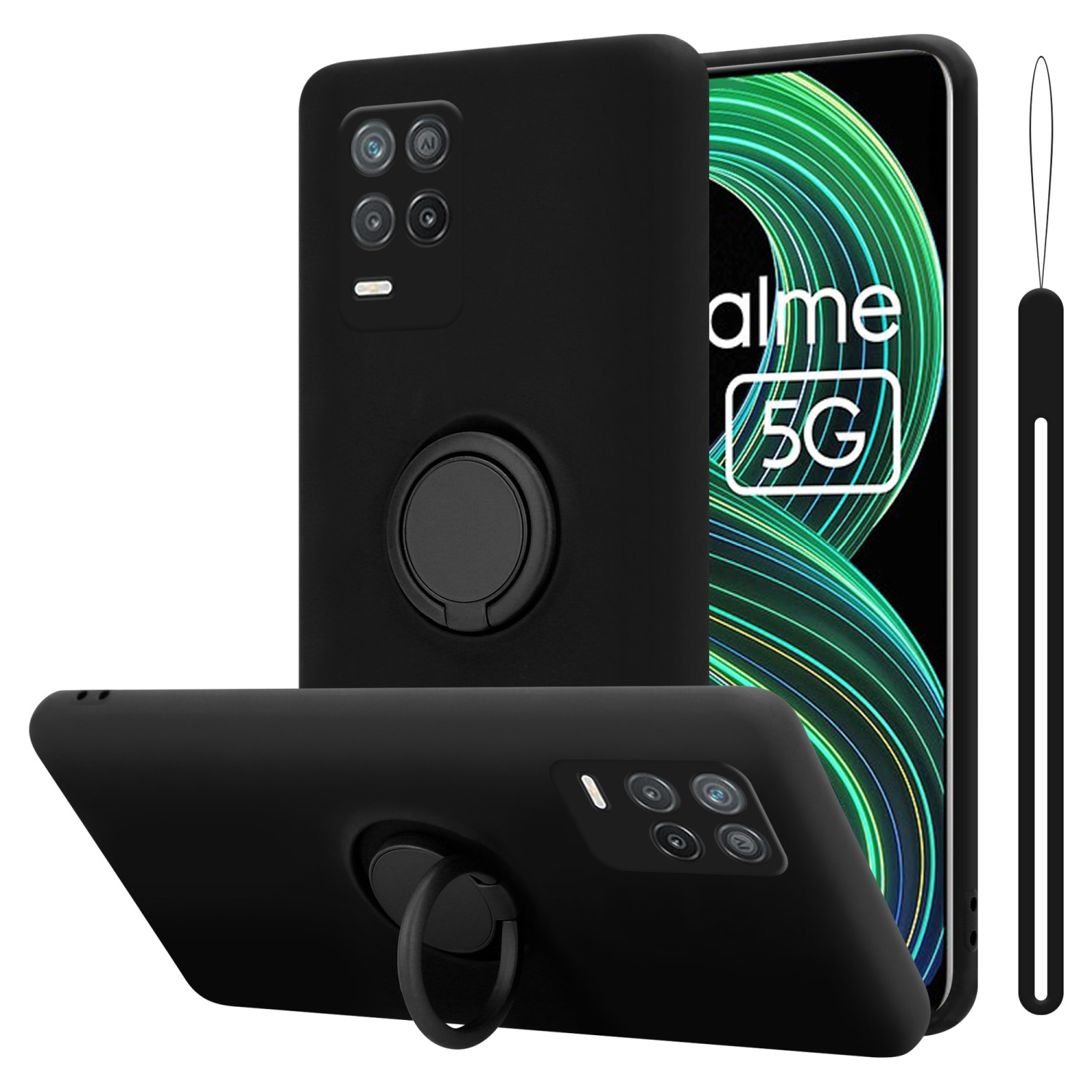 Custodie per telefono nere, una con anello di supporto e un telefono con schermo bordato di verde.