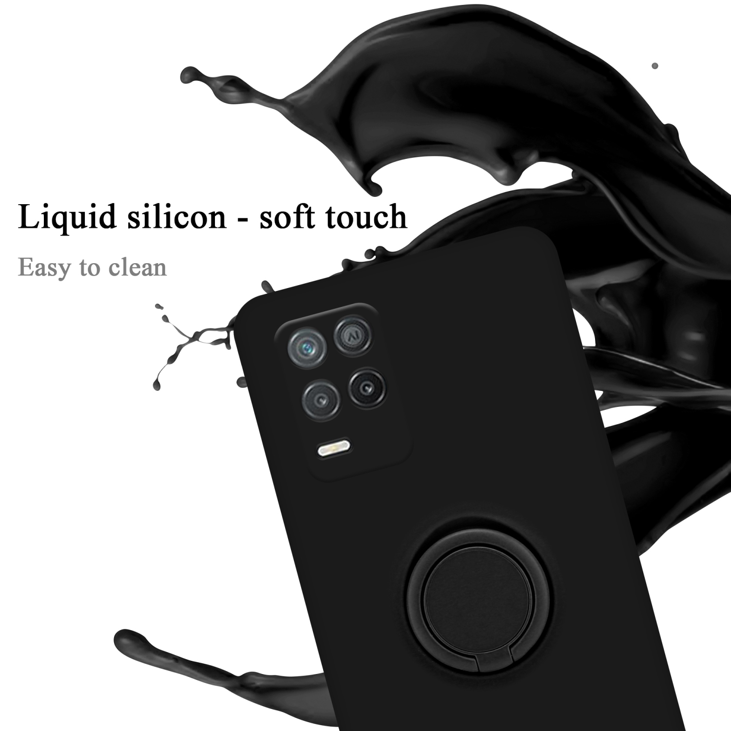 Custodia nera. Spruzzo nero. Testo: Silicone liquido - tocco morbido.
