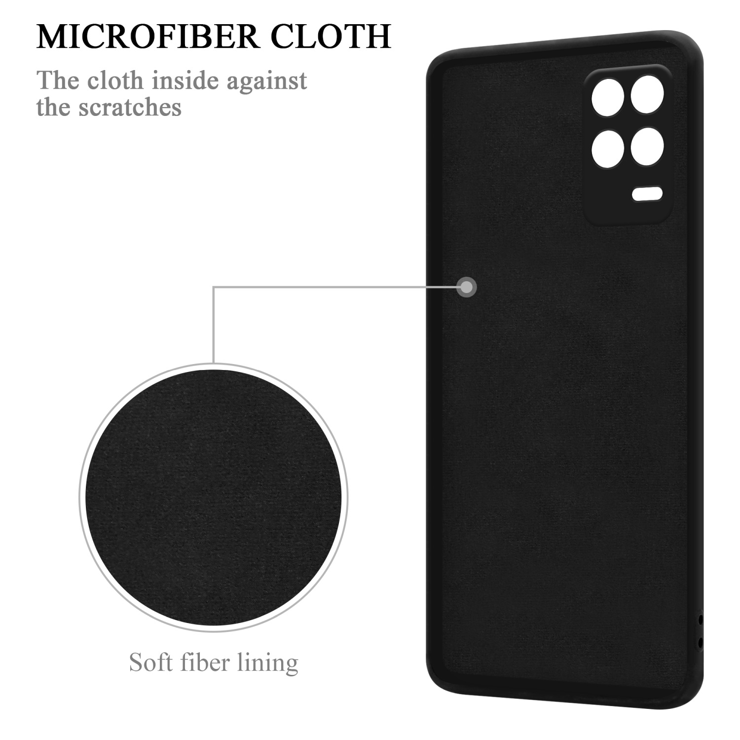 Custodia nera per telefono con fodera in microfibra. Testo: Panno in microfibra. Fodera in fibra morbida. Sfondo scuro e strutturato.