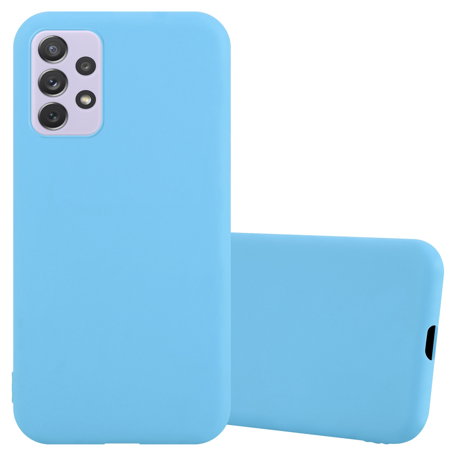 Due custodie per telefono azzurro. Il telefono ha un modulo fotocamera. Una custodia è piatta.