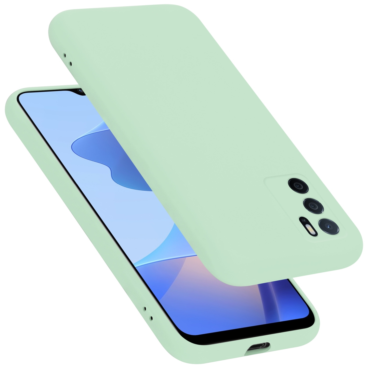 Grüne Handyhülle, offen. Das Telefon ist drin. Die Hülle ist einfarbig.