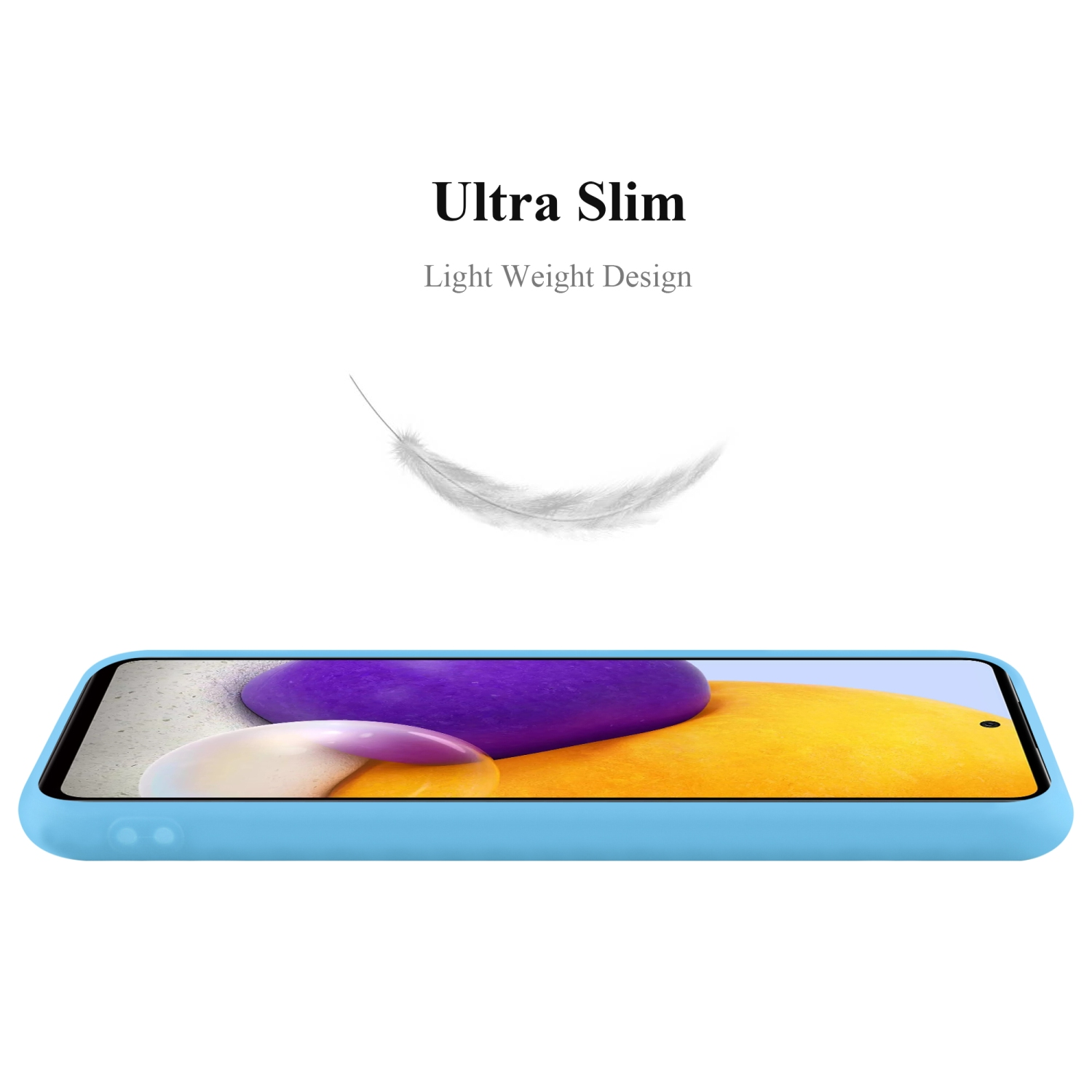 Custodia per telefono azzurra, vista laterale, design ultrasottile, con una piuma bianca sopra.