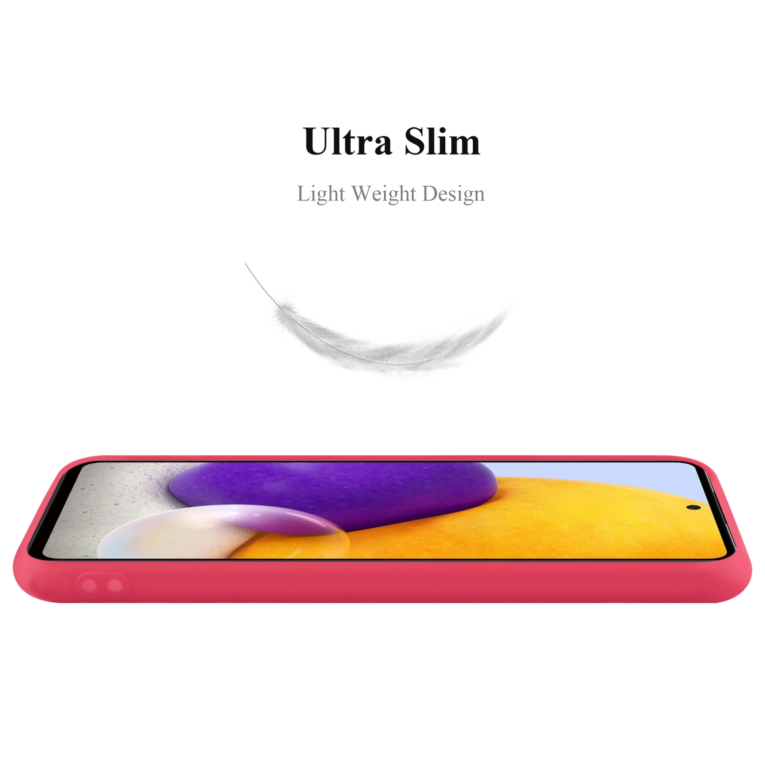 Una custodia per telefono rosa. Testo: Ultra Slim, Design Leggero.