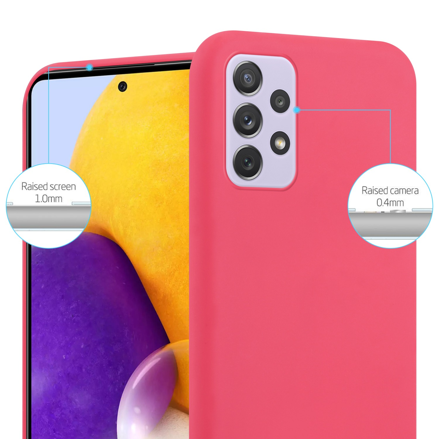 Custodia per telefono rosa con telefono, primo piano della fotocamera e dettaglio dello schermo rialzato.