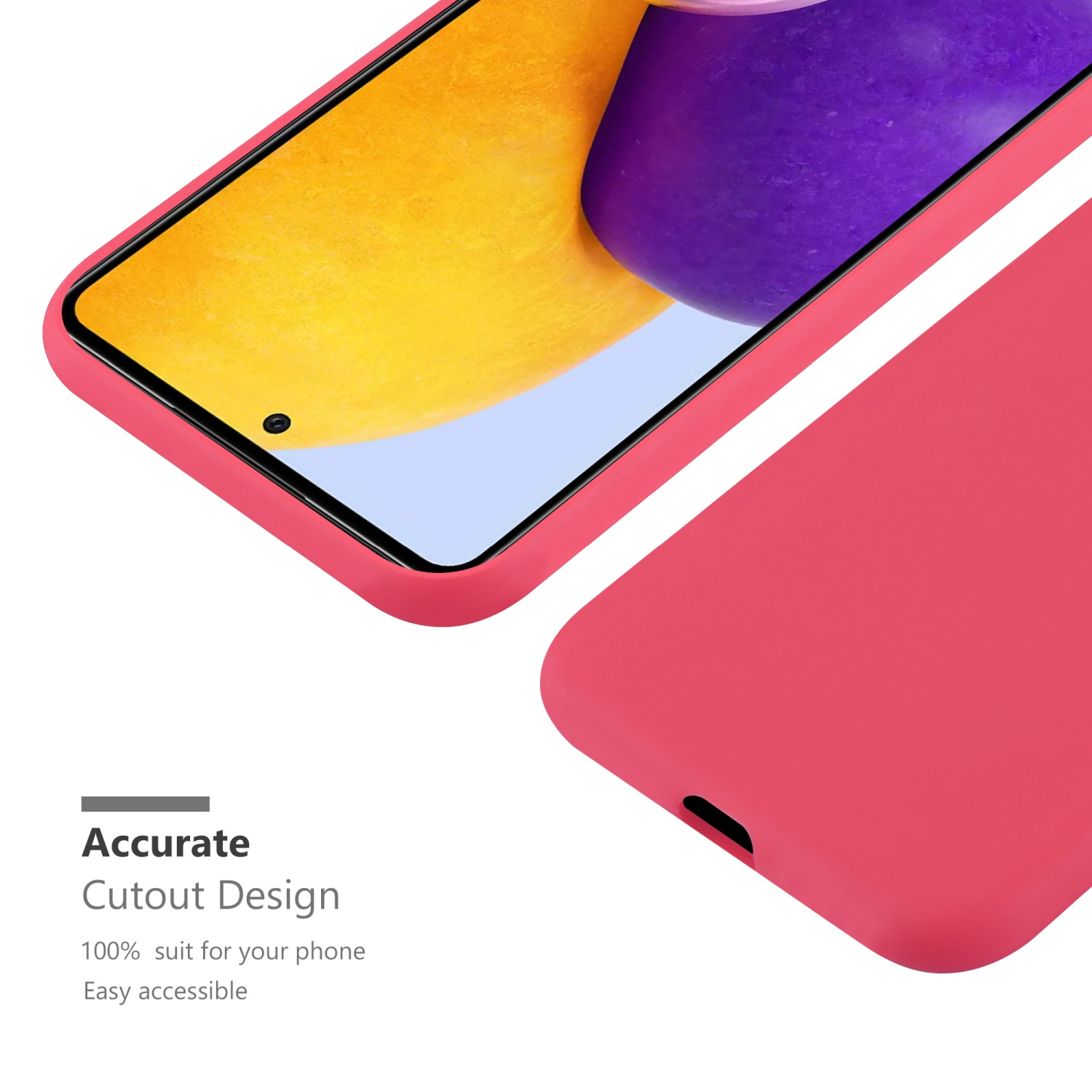 Custodia rossa per telefono con schermo del telefono. Il telefono mostra il logo Samsung Galaxy A72.