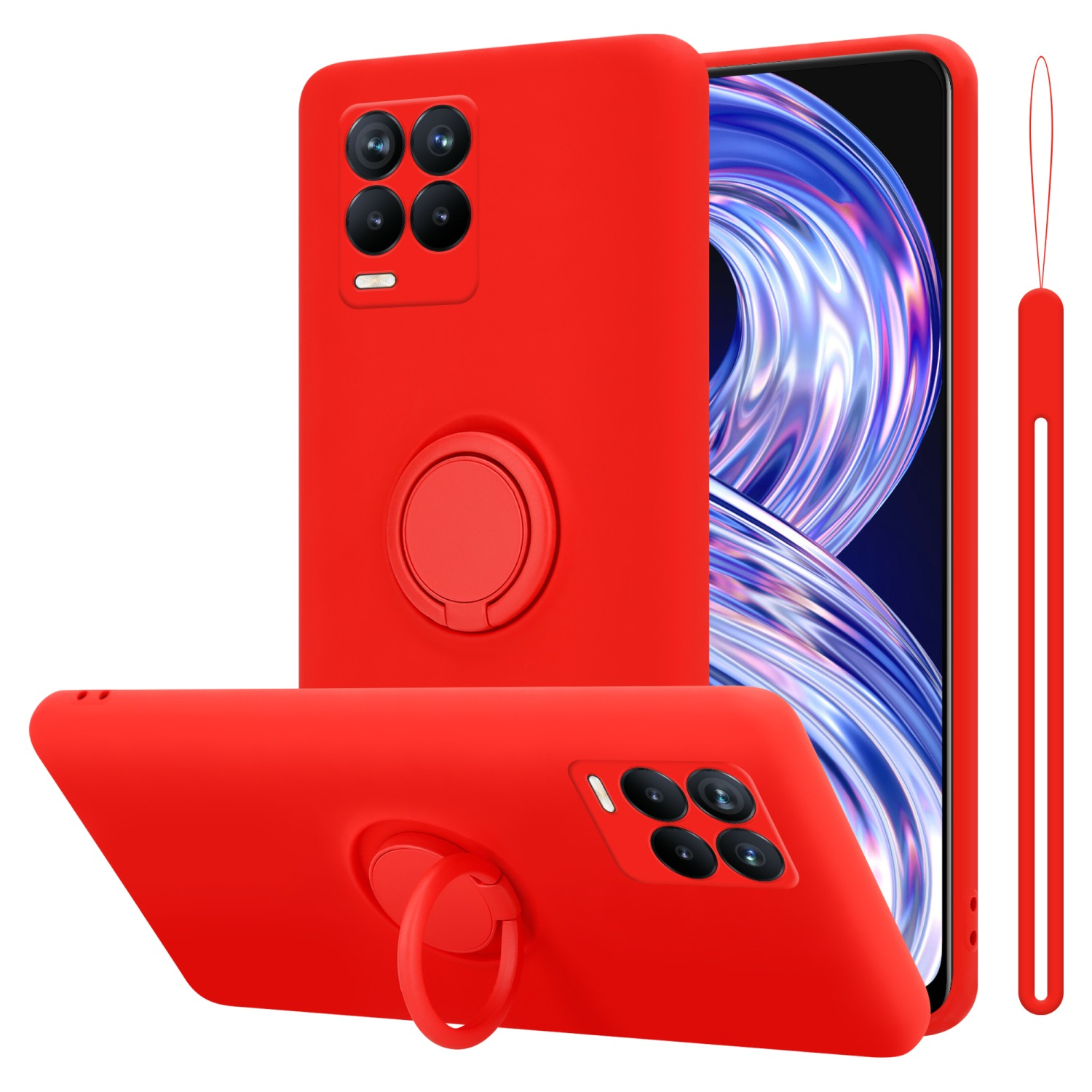 Custodia rossa per telefono con supporto ad anello. La custodia mostra tre angolazioni.