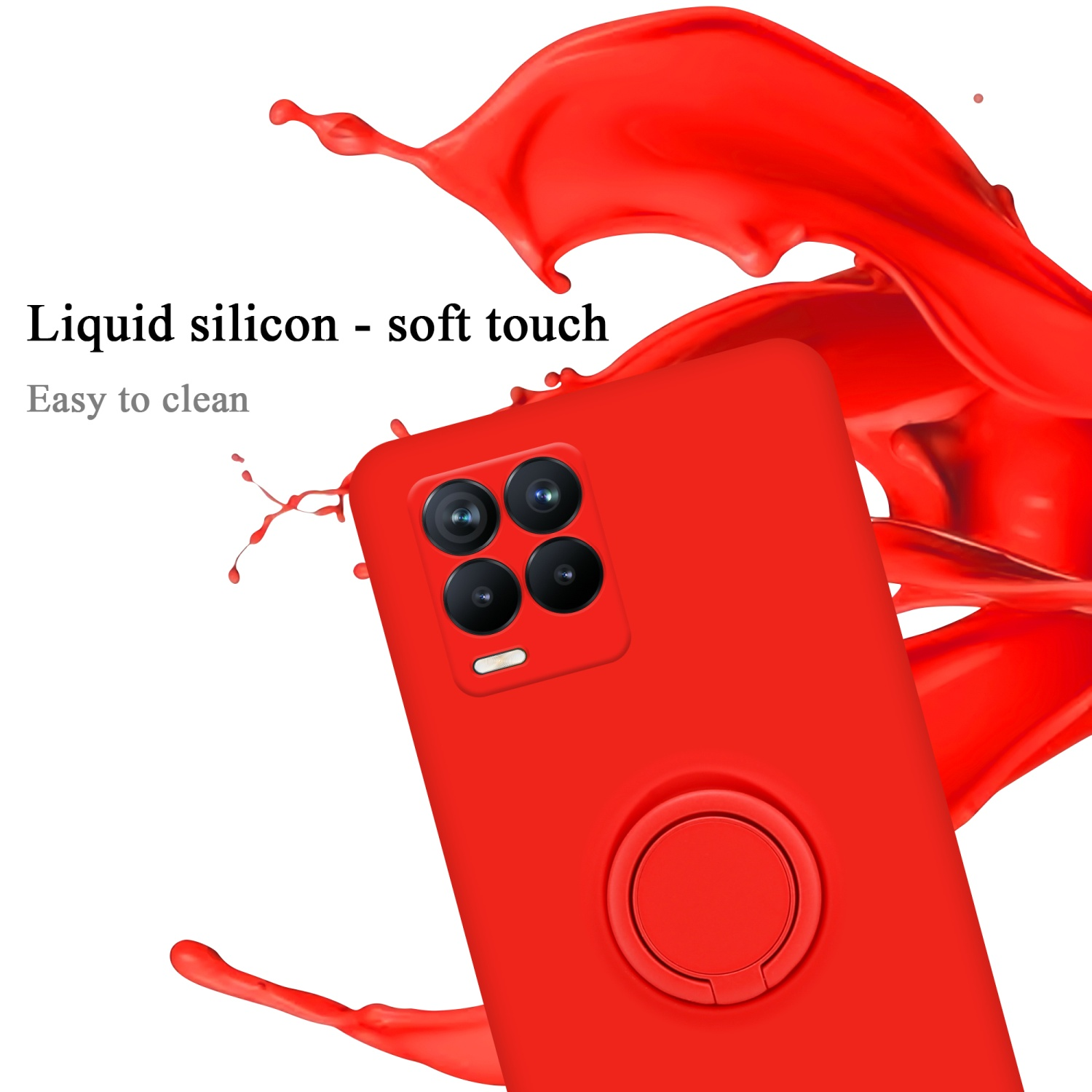 Custodia per telefono rossa con telefono all'interno. La custodia ha un supporto ad anello sul retro.