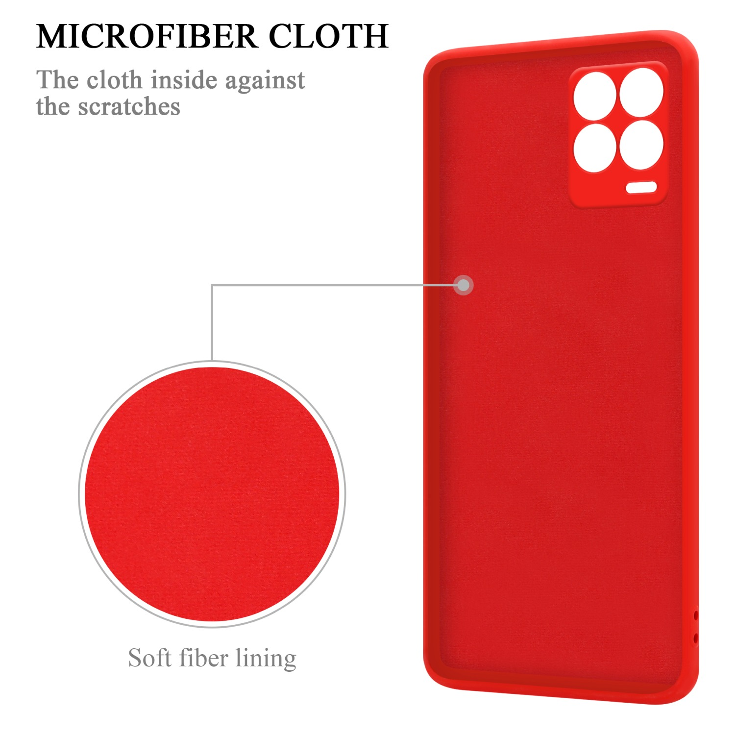 Custodia rossa per telefono con interno in microfibra. Focus sulla morbida fodera per la protezione dai graffi.