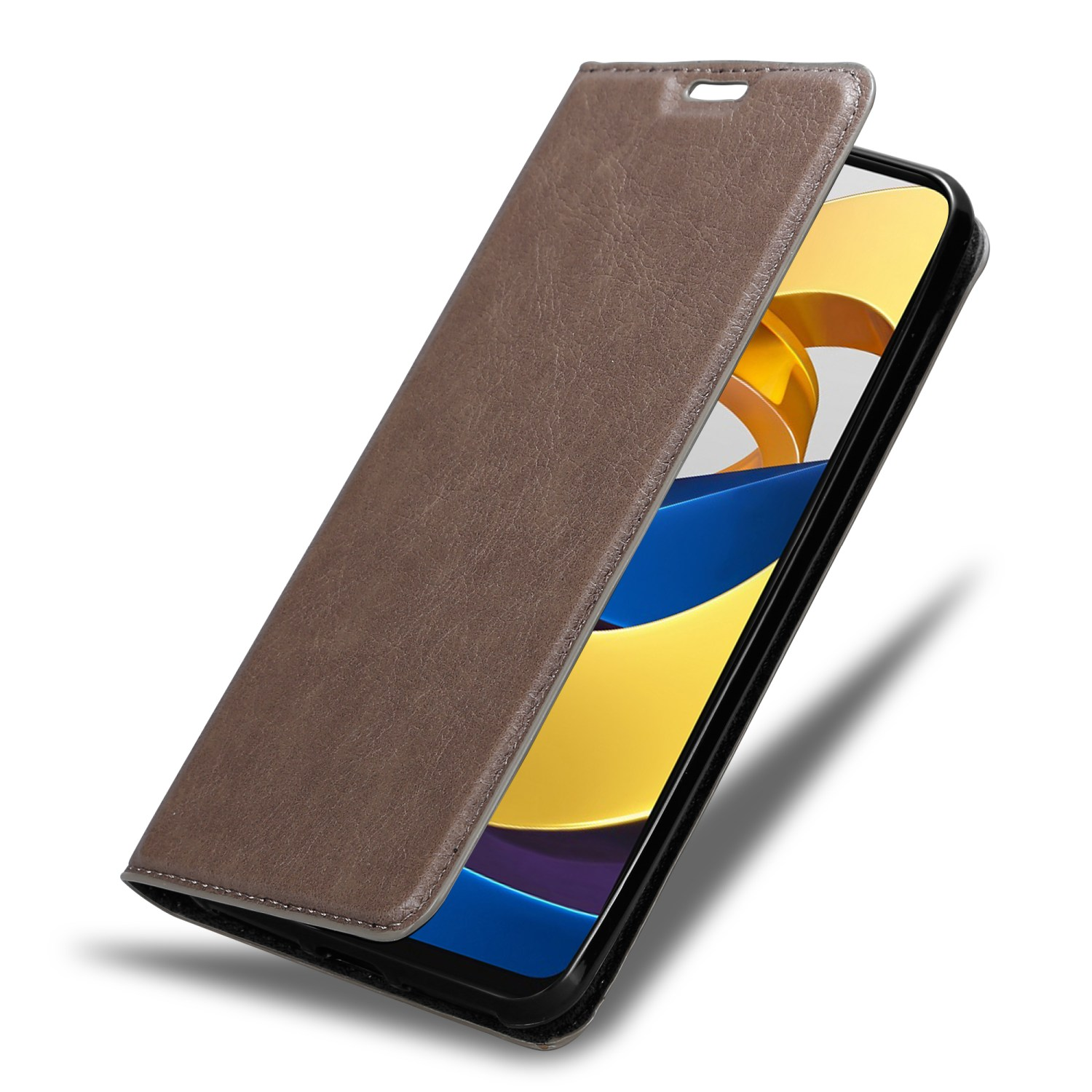 Braune Handyhülle, geöffnet, um ein Telefon mit goldenem und blauem Design zu zeigen.