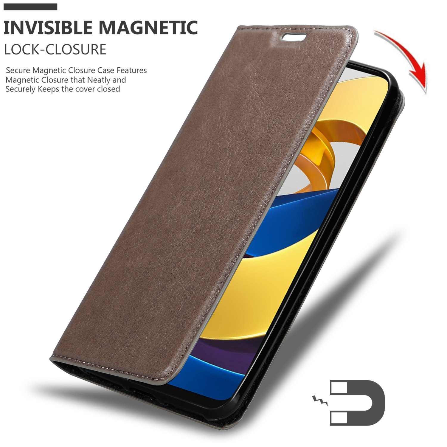 Custodia marrone per telefono, aperta, che mostra il telefono. Chiusura magnetica visibile. Testo: 'Chiusura magnetica invisibile'.