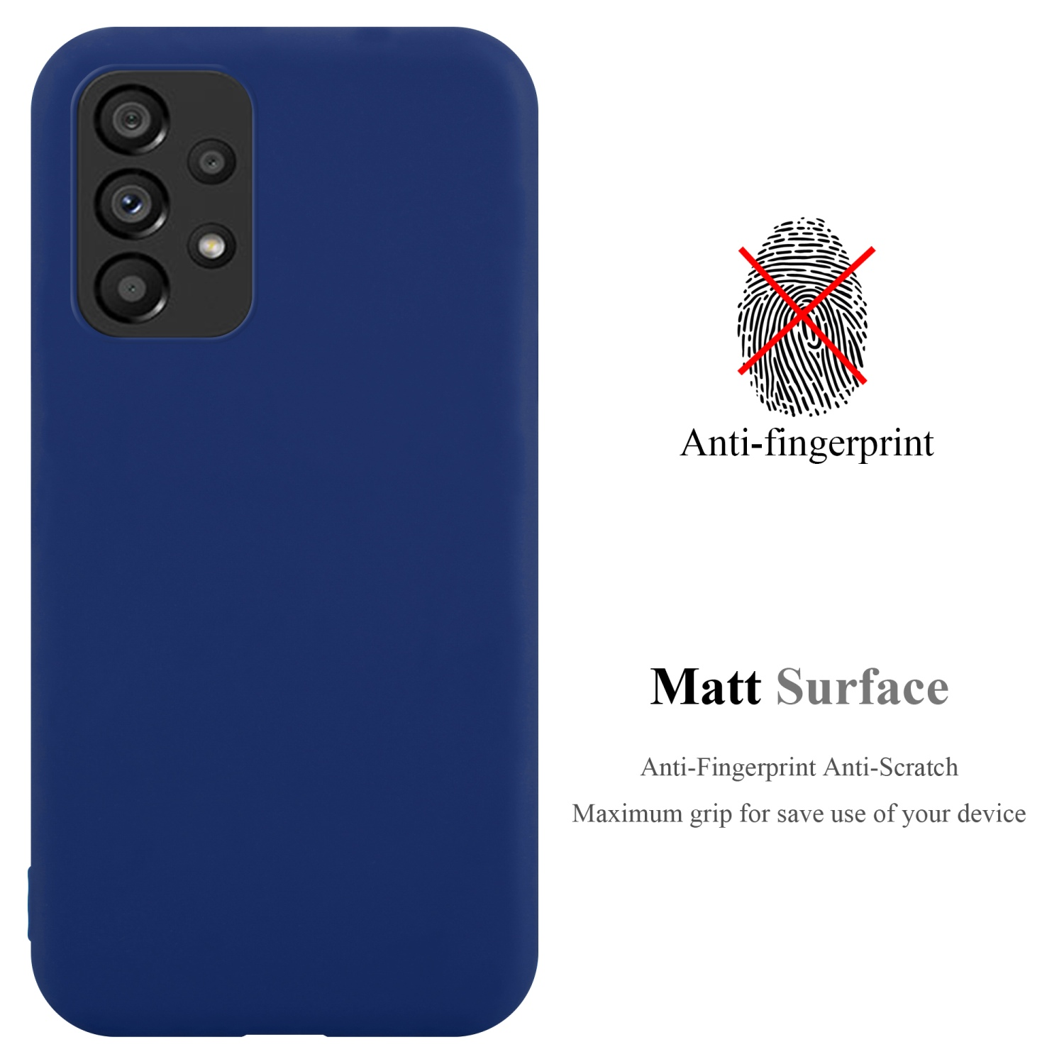 Custodia blu per telefono. Anti-impronte, superficie opaca. Fotocamera del telefono visibile.