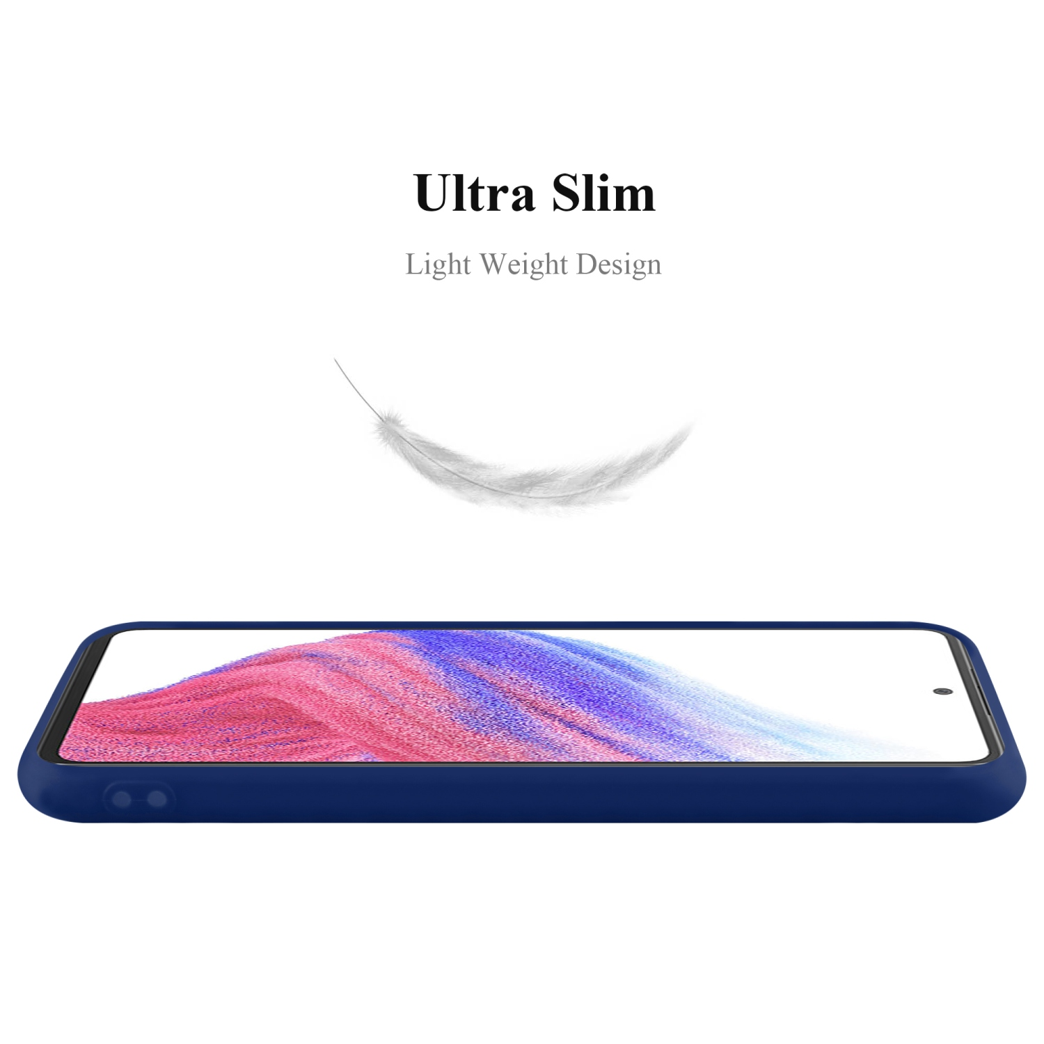 Custodia blu scuro per telefono con un telefono all'interno, vista laterale. Testo: Ultra Slim, Light Weight Design.