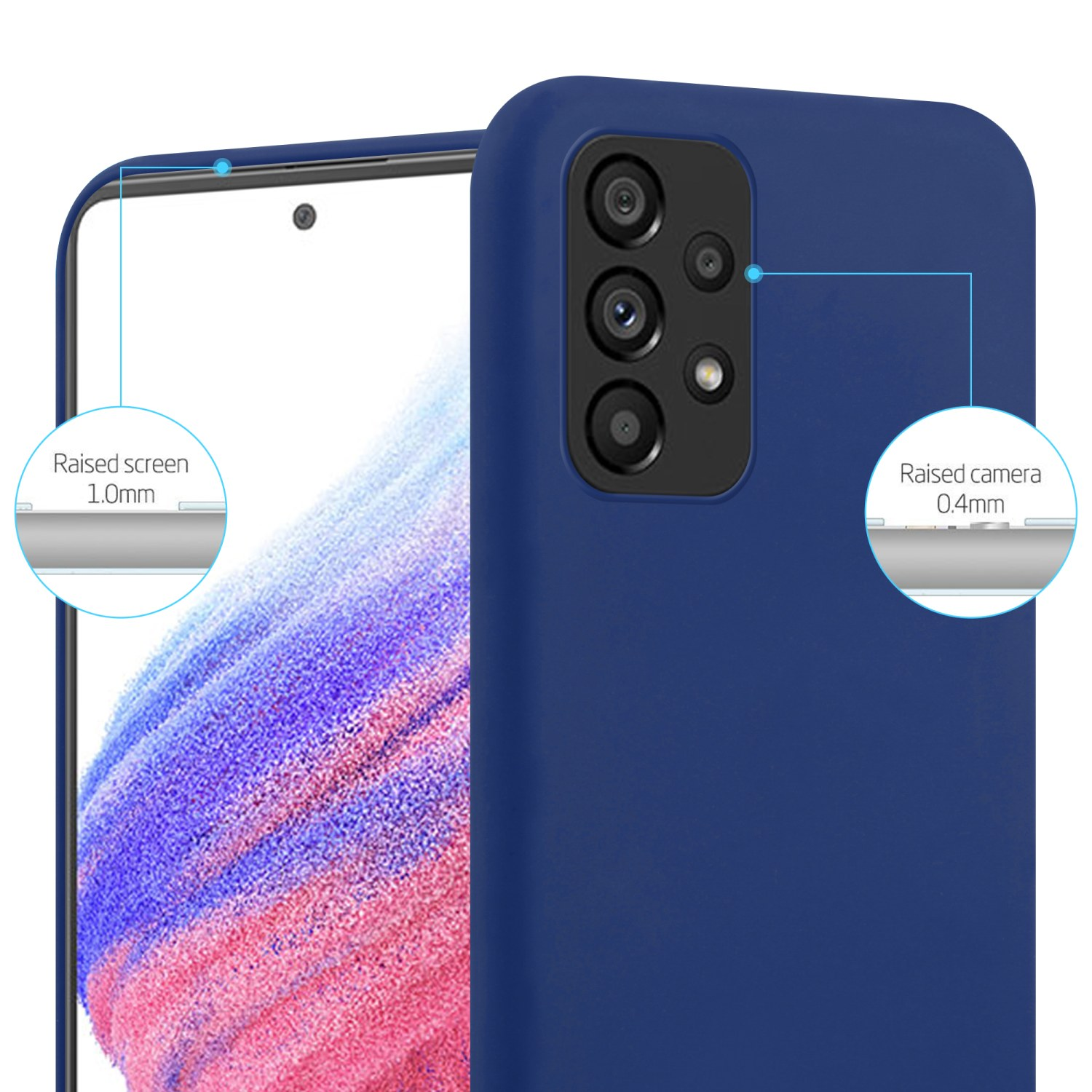Custodia per telefono blu navy con telefono all'interno. Evidenzia lo schermo rialzato e la protezione della fotocamera con etichette.