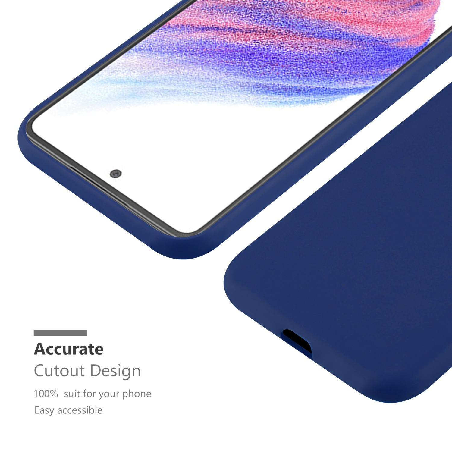 Una custodia per telefono blu scuro, primo piano del bordo del telefono e le parole design di ritaglio preciso.