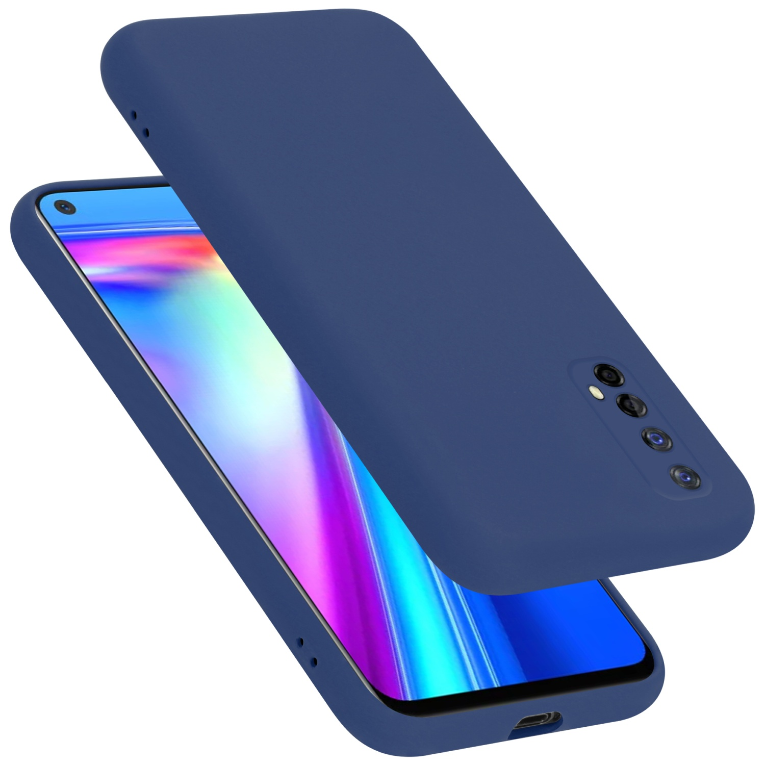 Blaue Handyhülle, offen mit Telefon, Rück- und Vorderseite, schlichtes Design.