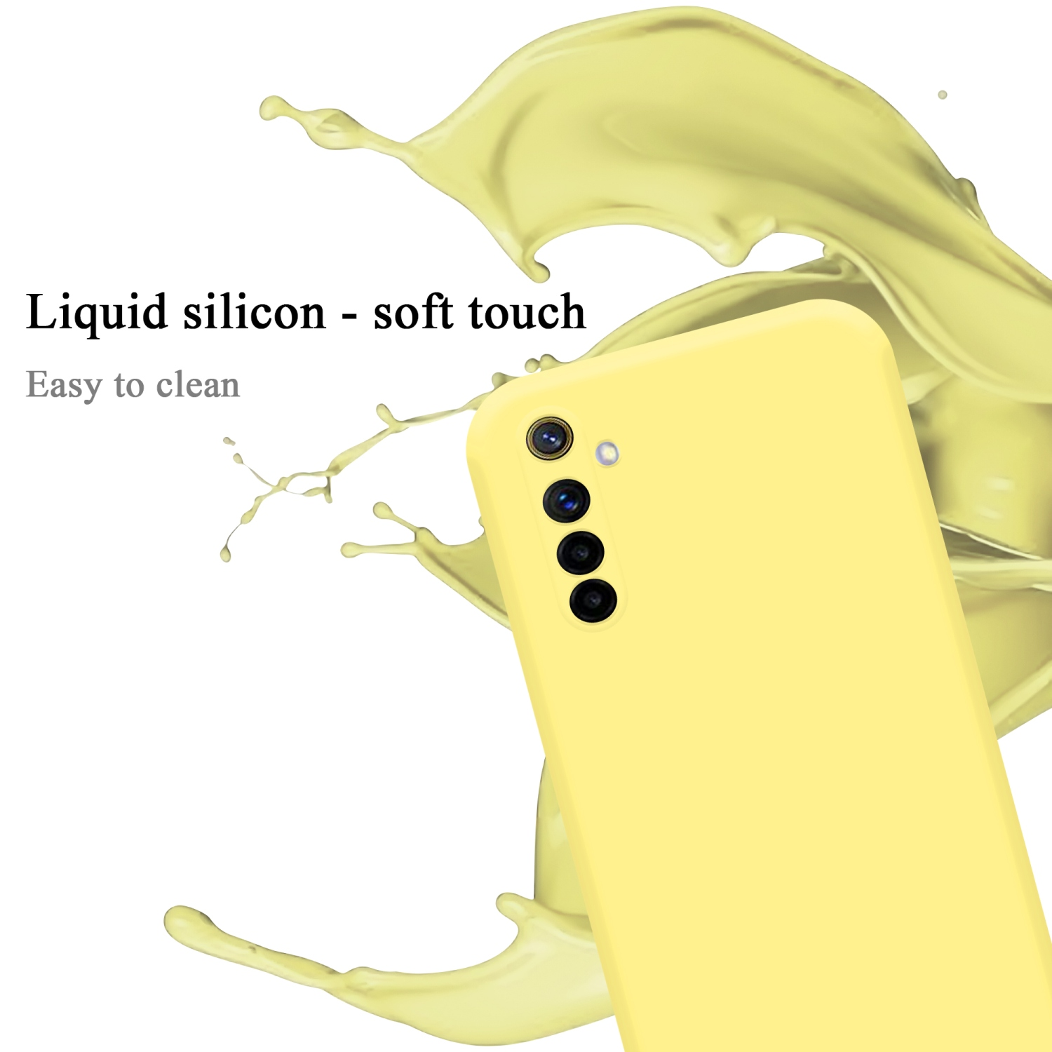 Gelbe Handyhülle mit Spritzer dahinter. Text: Flüssiges Silikon - Soft-Touch.