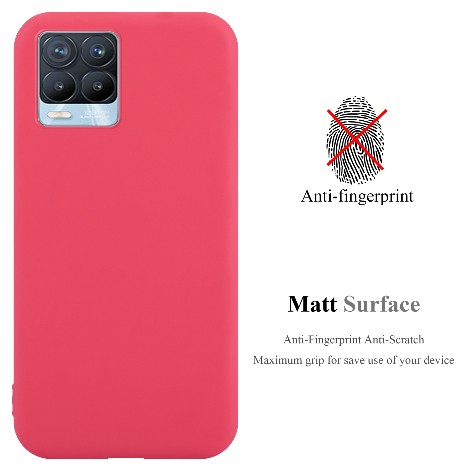 Rote Handyhülle. Text: 'Anti-Fingerprint' und 'Matt Surface'. Telefon hat Kameras. Hintergrund ist weiß.