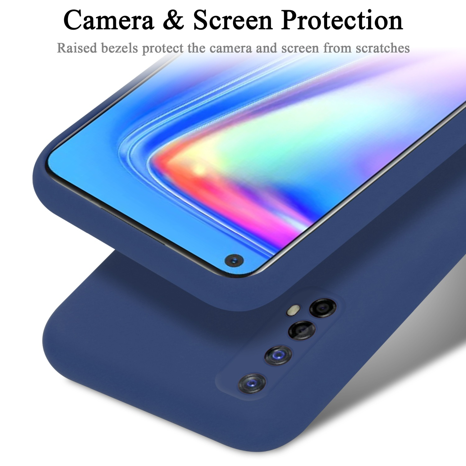 Nahaufnahme einer blauen Handyhülle, die einen Telefonbildschirm schützt. Kamera- und Bildschirmschutz erwähnt.