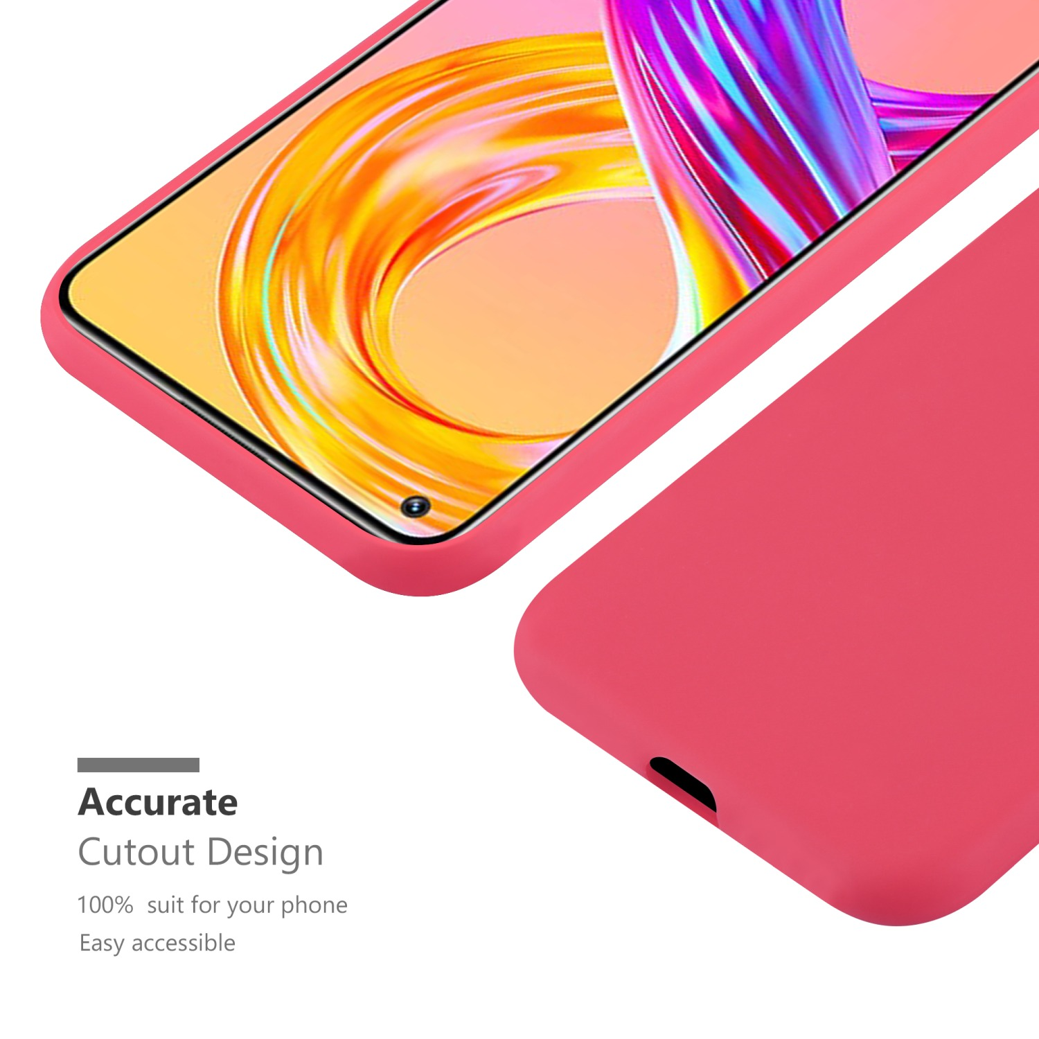 Rosa Handyhülle auf einem Telefon. Das Ausschnittdesign wird gezeigt. Eine rosa Hülle liegt daneben.