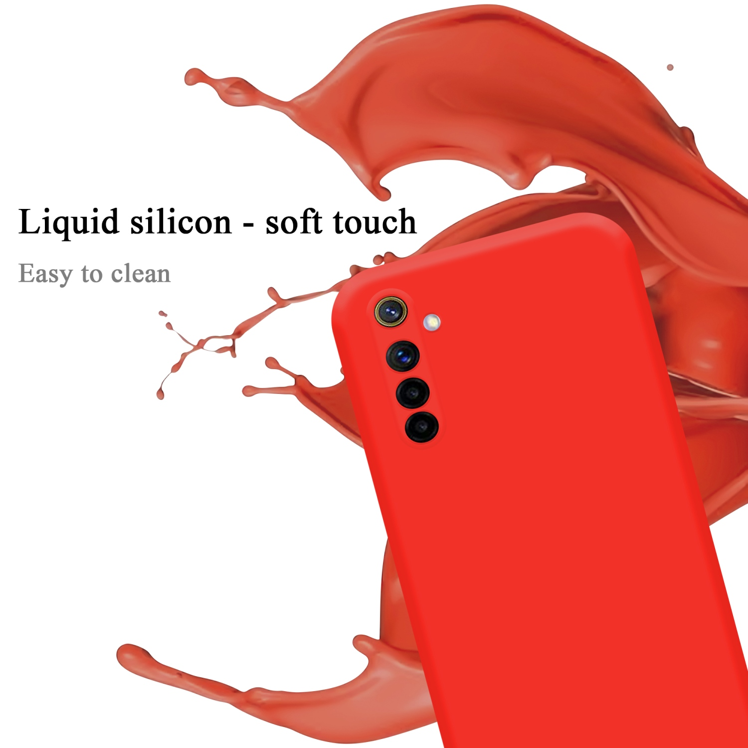 Rote Handyhülle mit Telefon, flüssiges Silikon, leicht zu reinigen. Text: Flüssigsilikon - Soft-Touch.