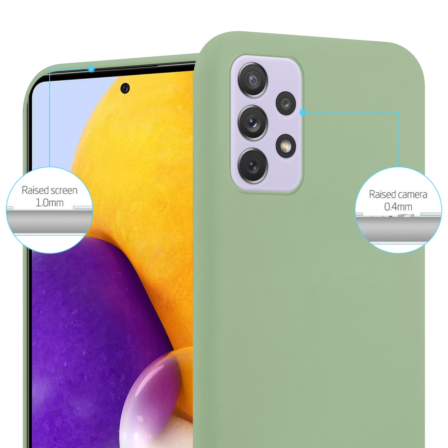Custodia verde per telefono. Aree rialzate dello schermo e della fotocamera evidenziate. Telefono non visibile.
