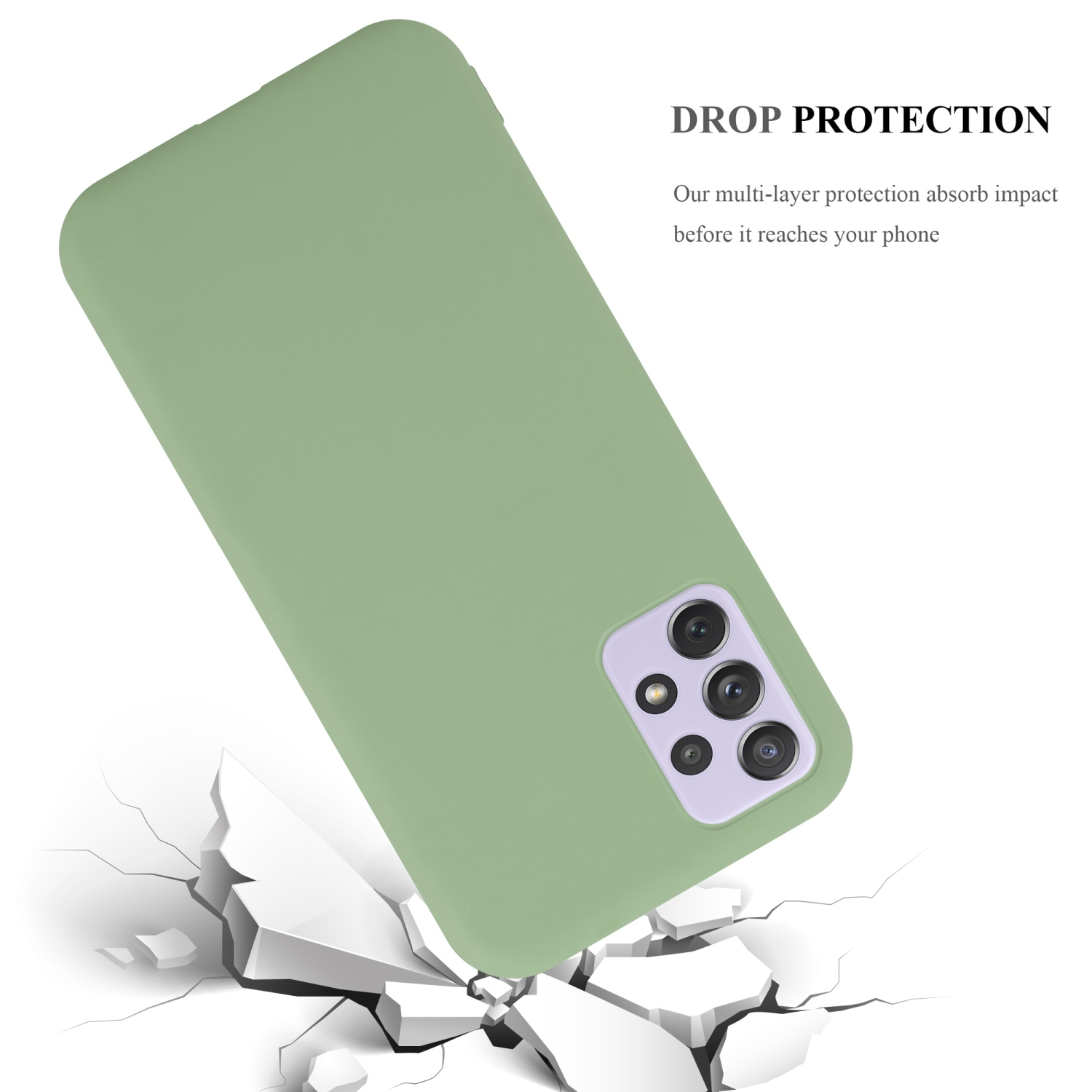 Custodia verde per telefono, che cade, con crepe sottostanti. Testo: Protezione anticaduta.