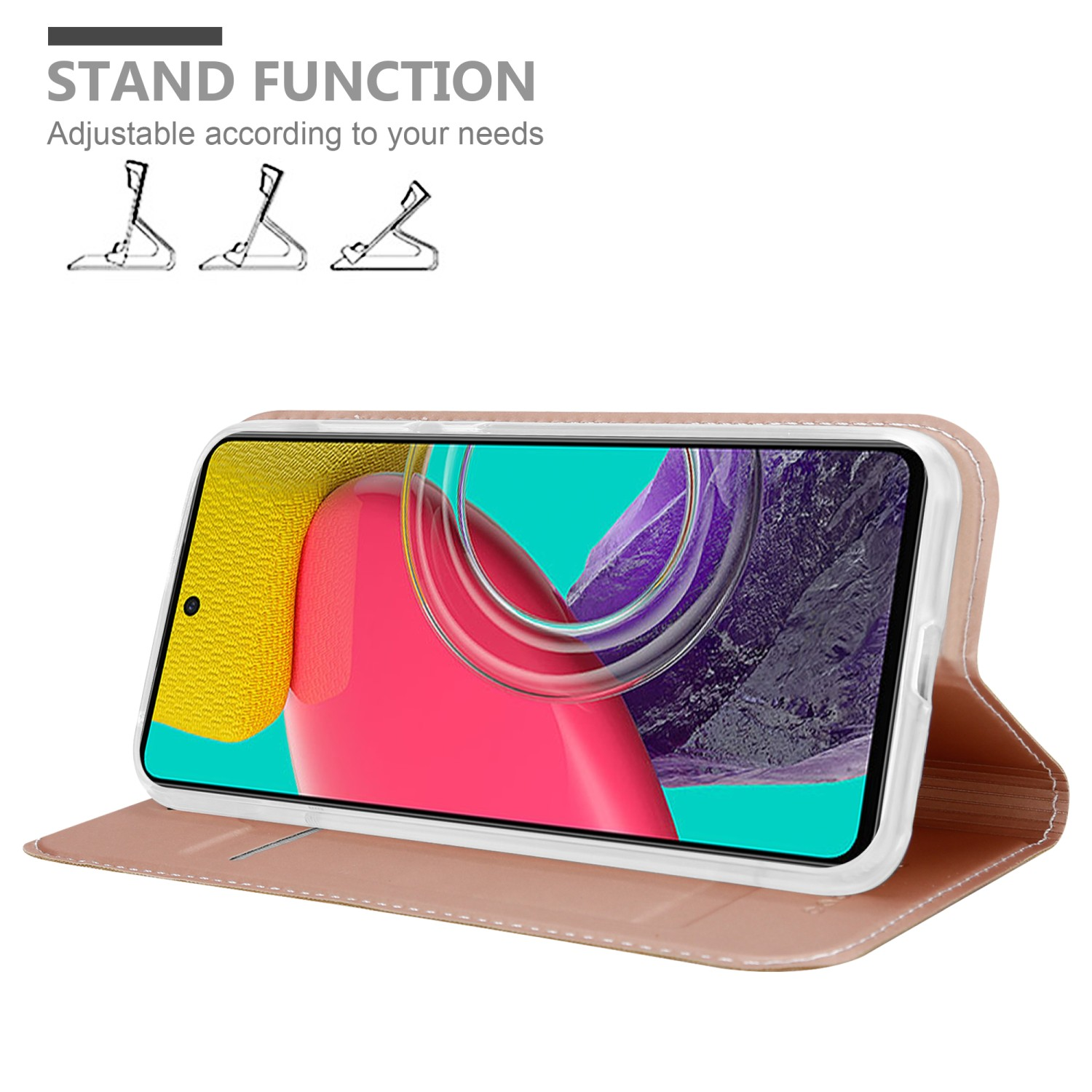 Telefono in una custodia aperta con funzione stand. Colore beige. Sfondo bianco.