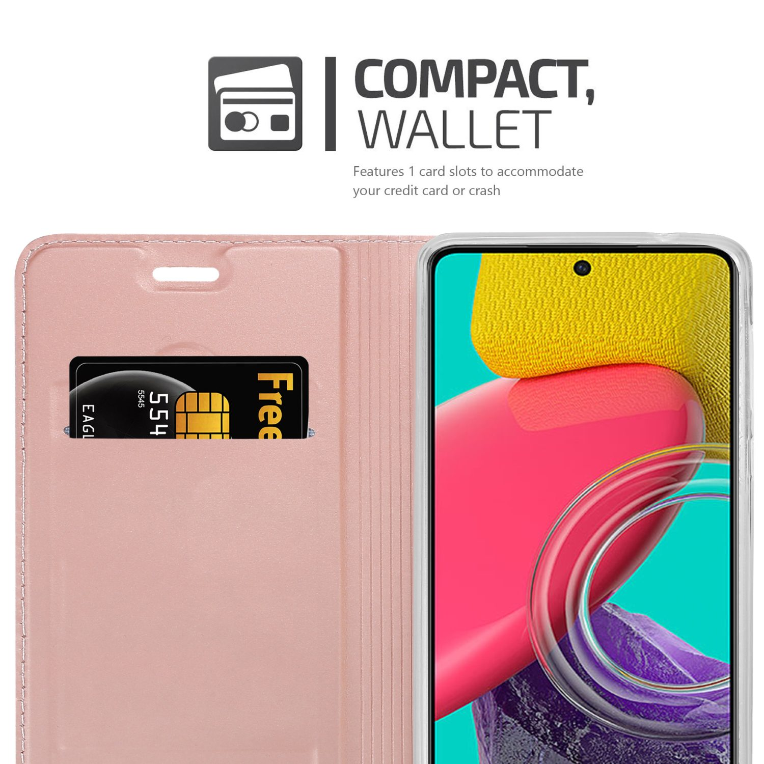 Custodia a portafoglio rosa con fessura per carte che tiene una carta nera e un telefono. Il testo dice 'Compatto, Portafoglio'.
